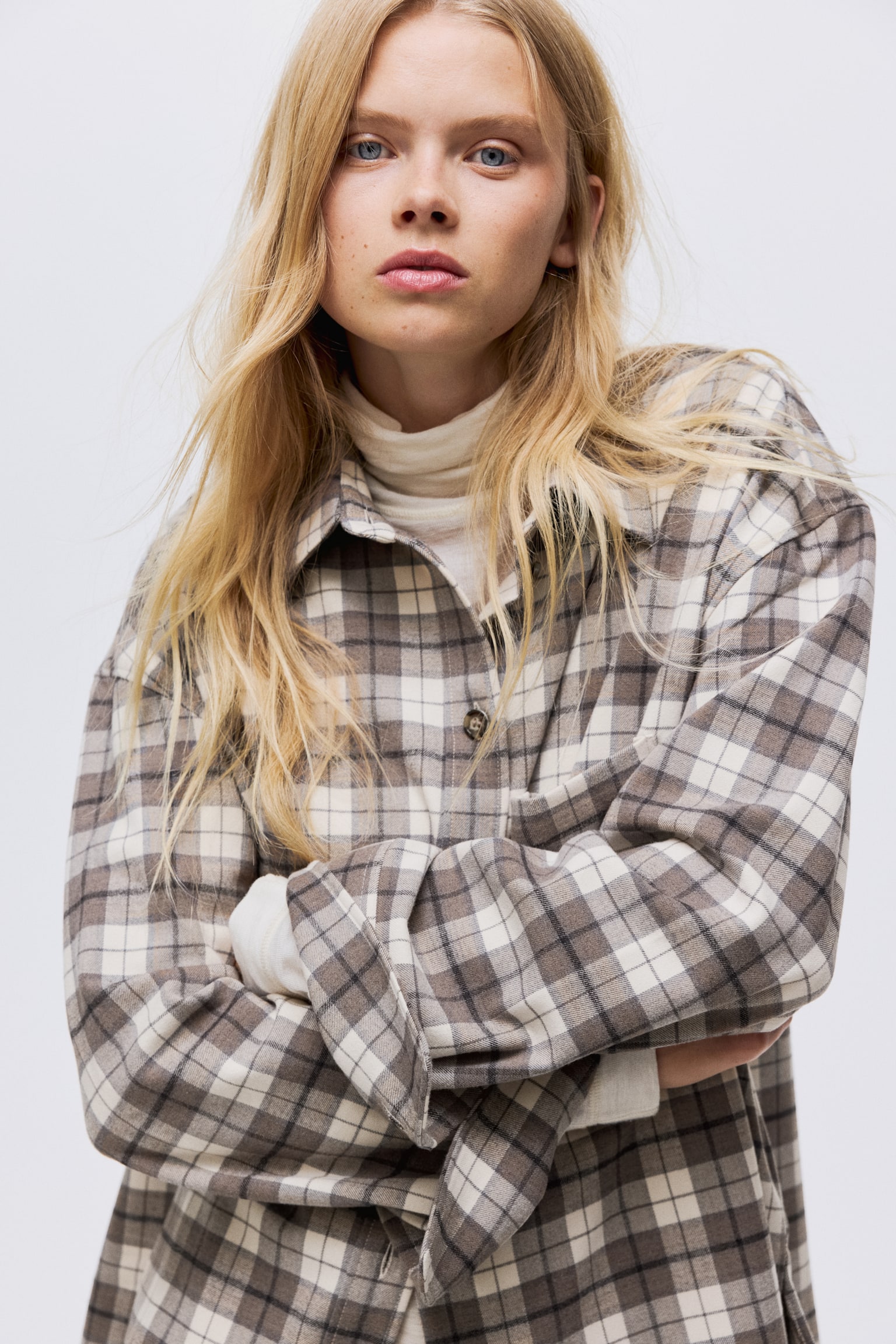 Oversized flannel shirt - Beige/Checked - 1