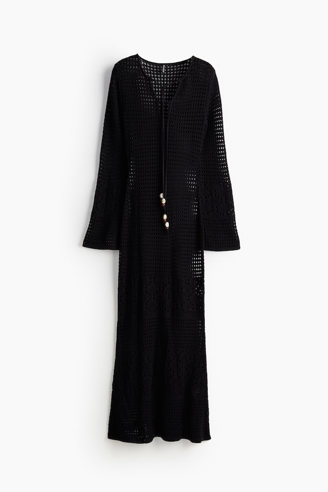 Beaded-tie-detail hole-knit dress - Black - 2