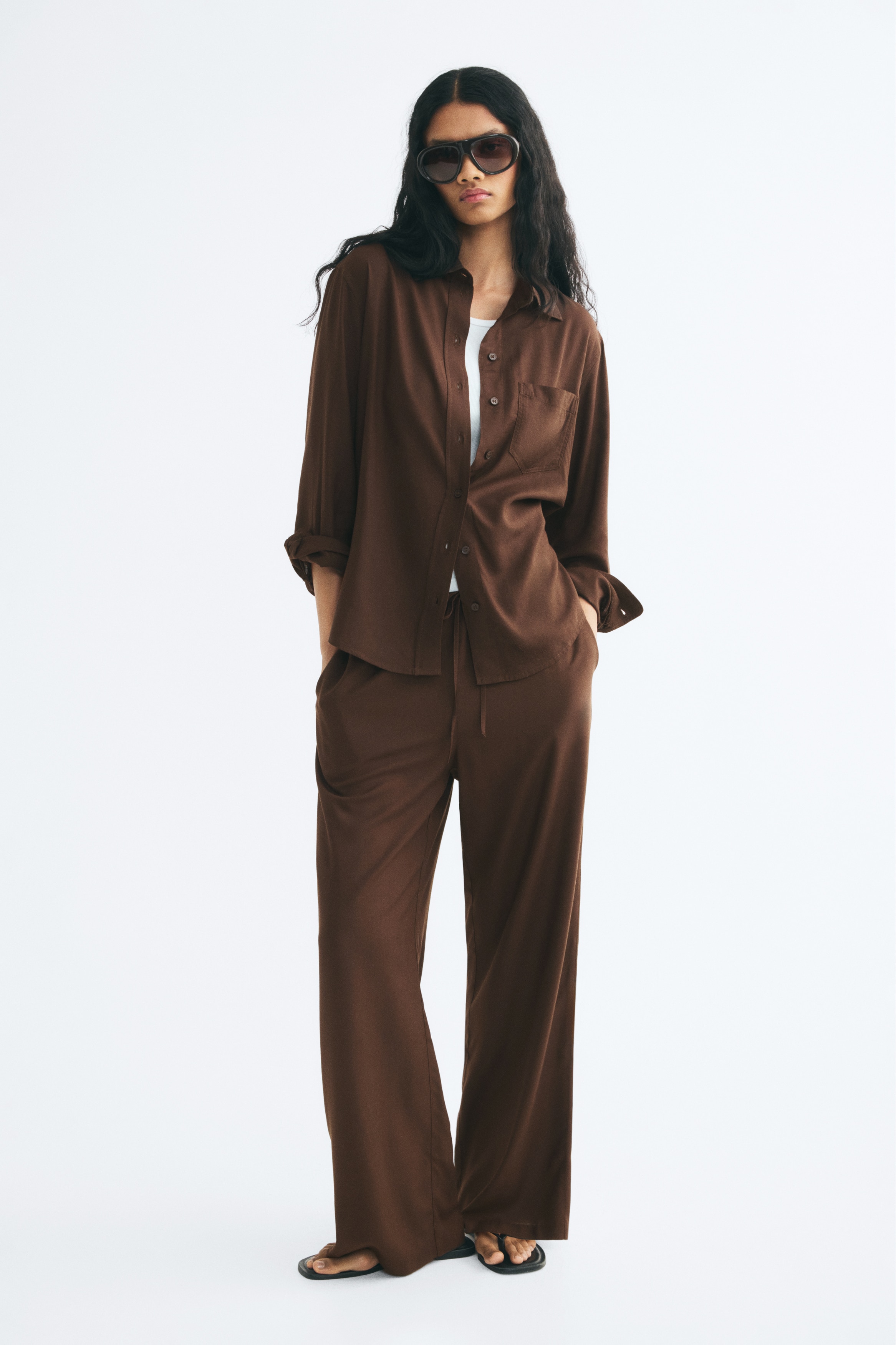 Linen-blend shirt - Dark brown/Bright blue/Dark red