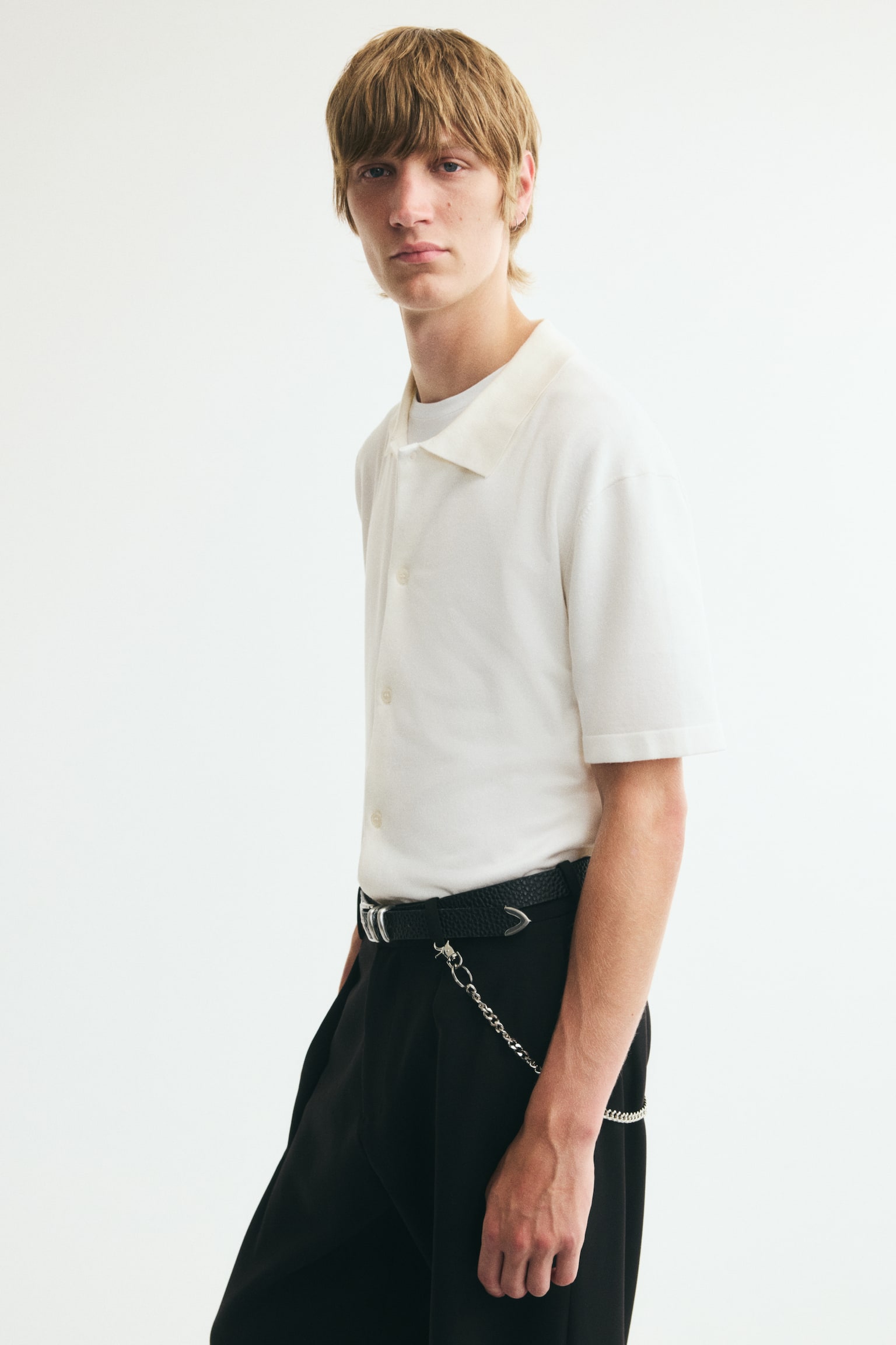 Мужская рубашка H&M Regular-Fit Fine-Knit, цвет: Кремовый — фото 4