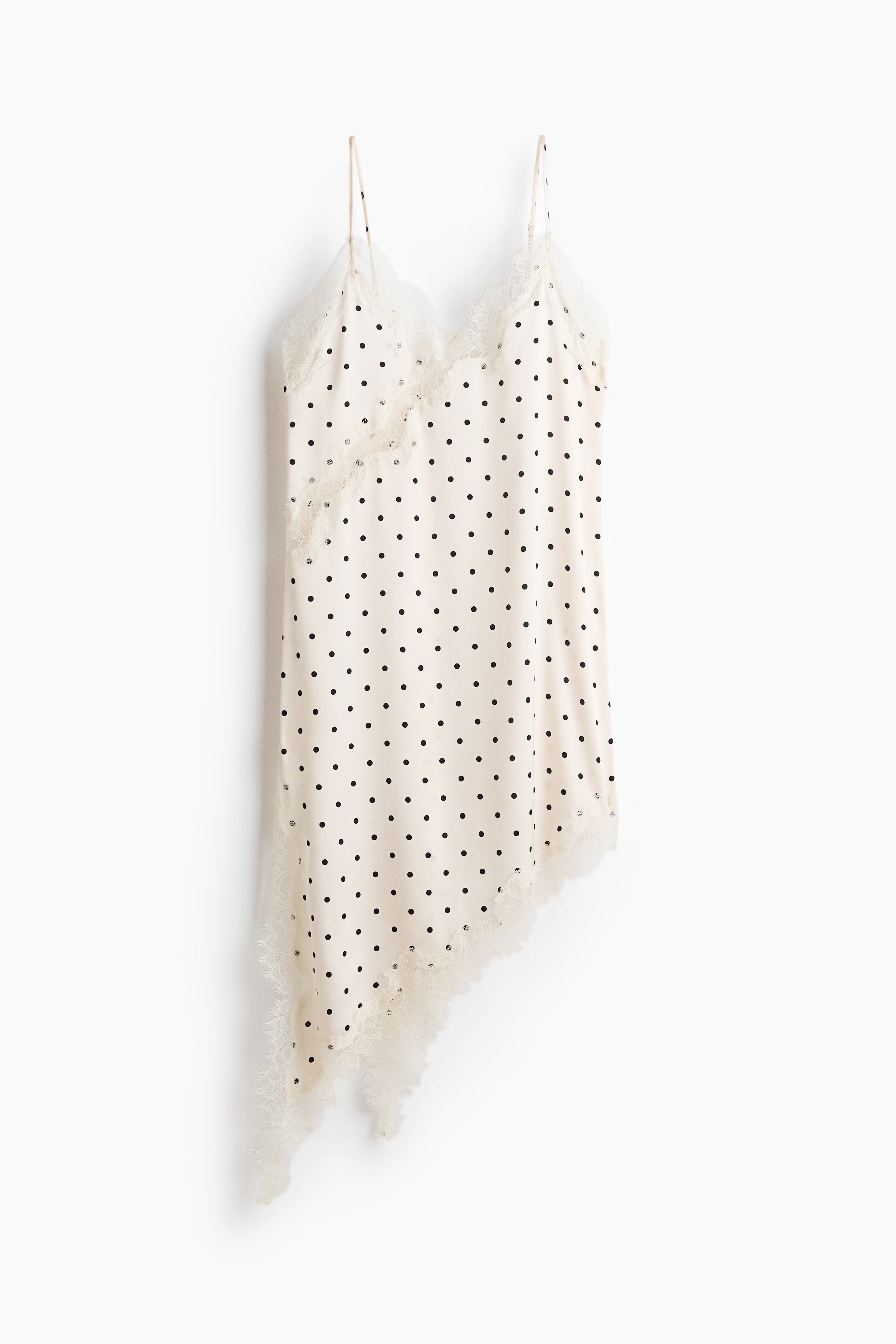 Cămașă de noapte asimetrică cu dantelă - Crem/picățele/Negru/crem