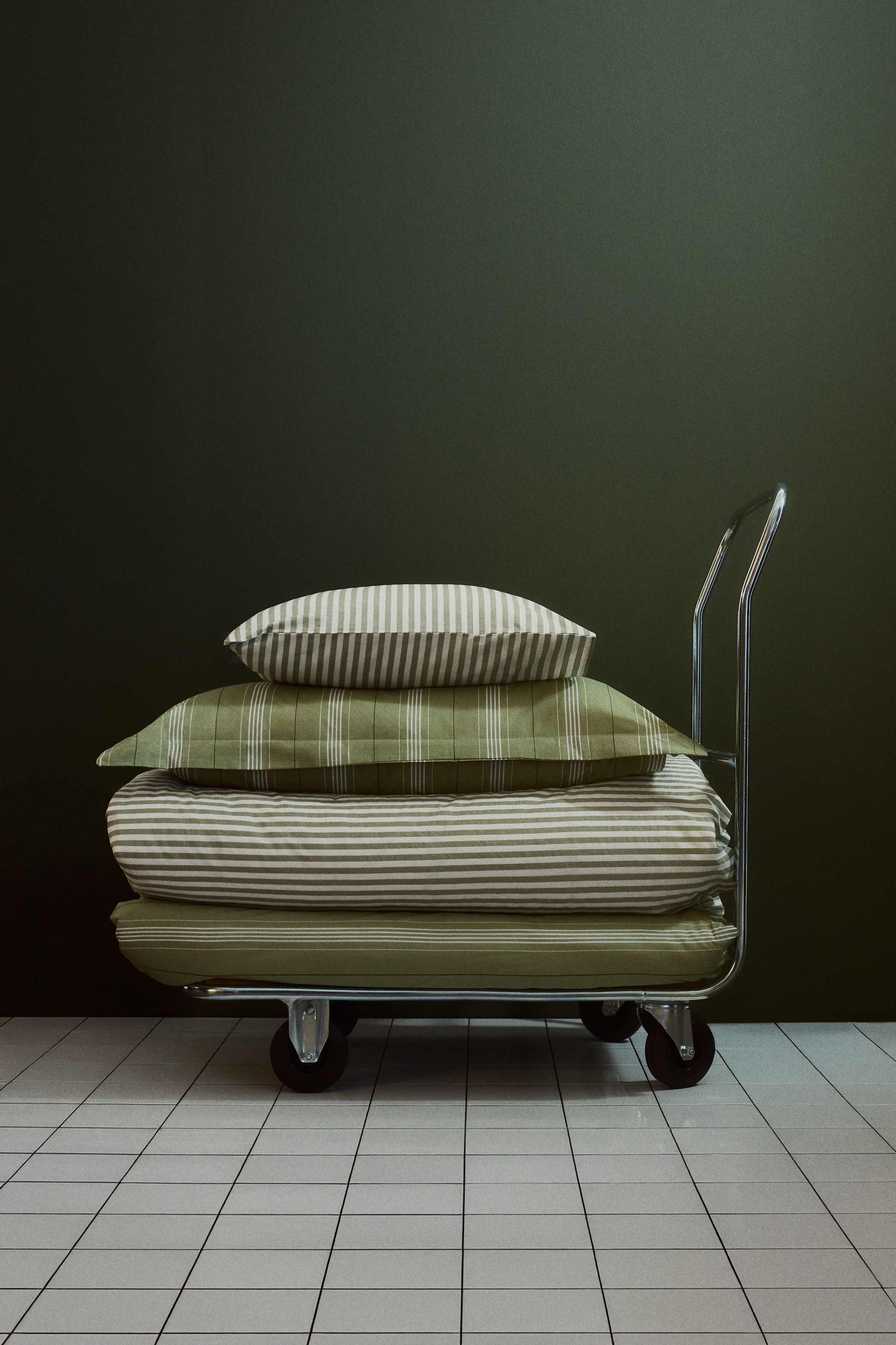 Cotton single duvet cover set - Sage green/White striped/Light mole/White