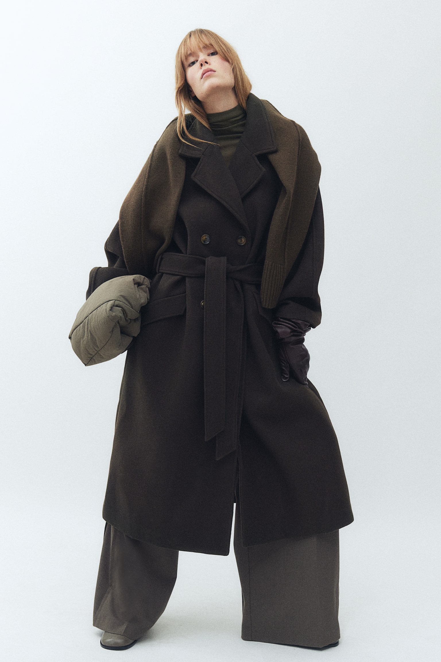 Tie-belt coat - Dark khaki green/Black/Beige - 1