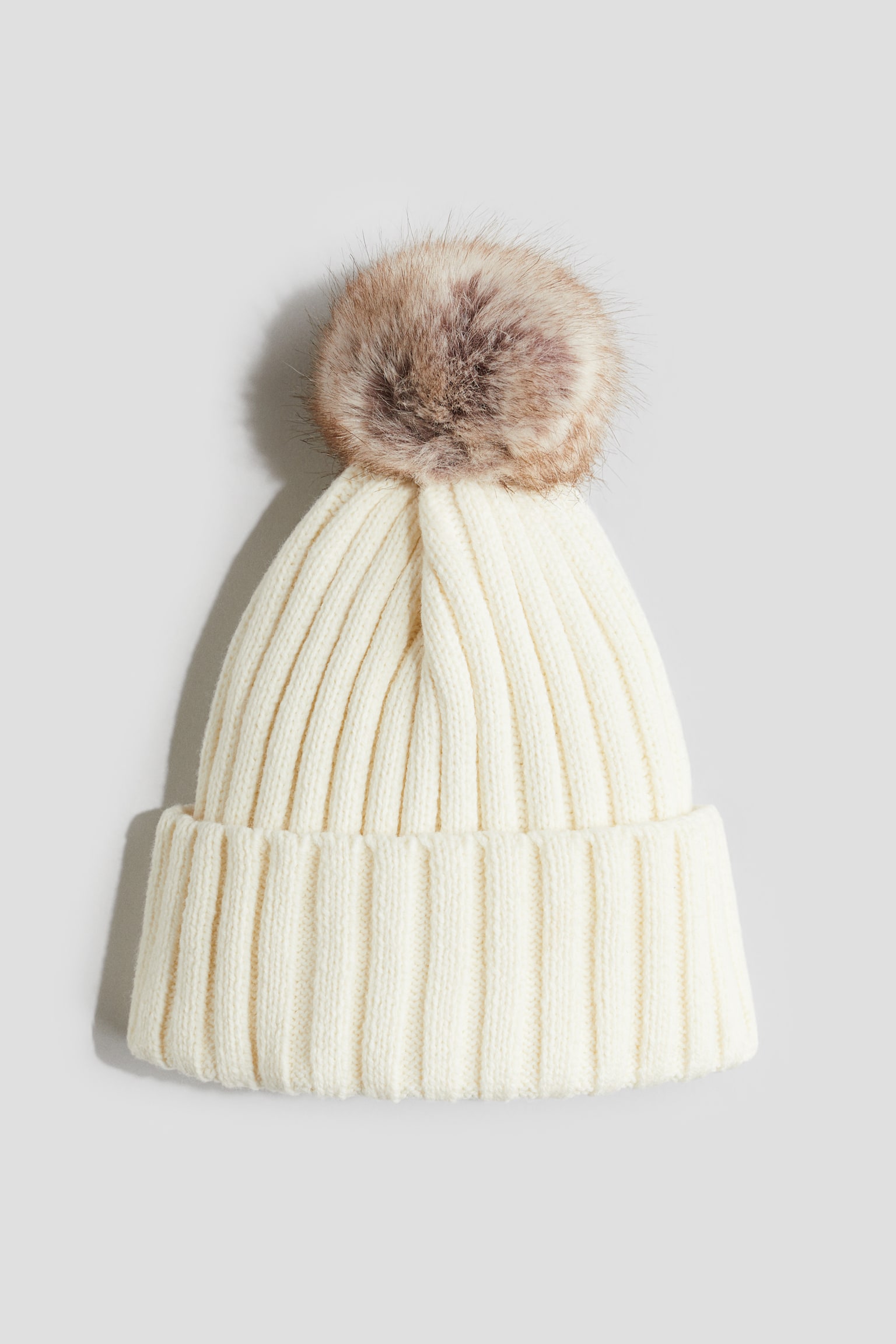 Gorro em malha canelada com pompom - Creme/Cinzento claro/Bege claro - 1