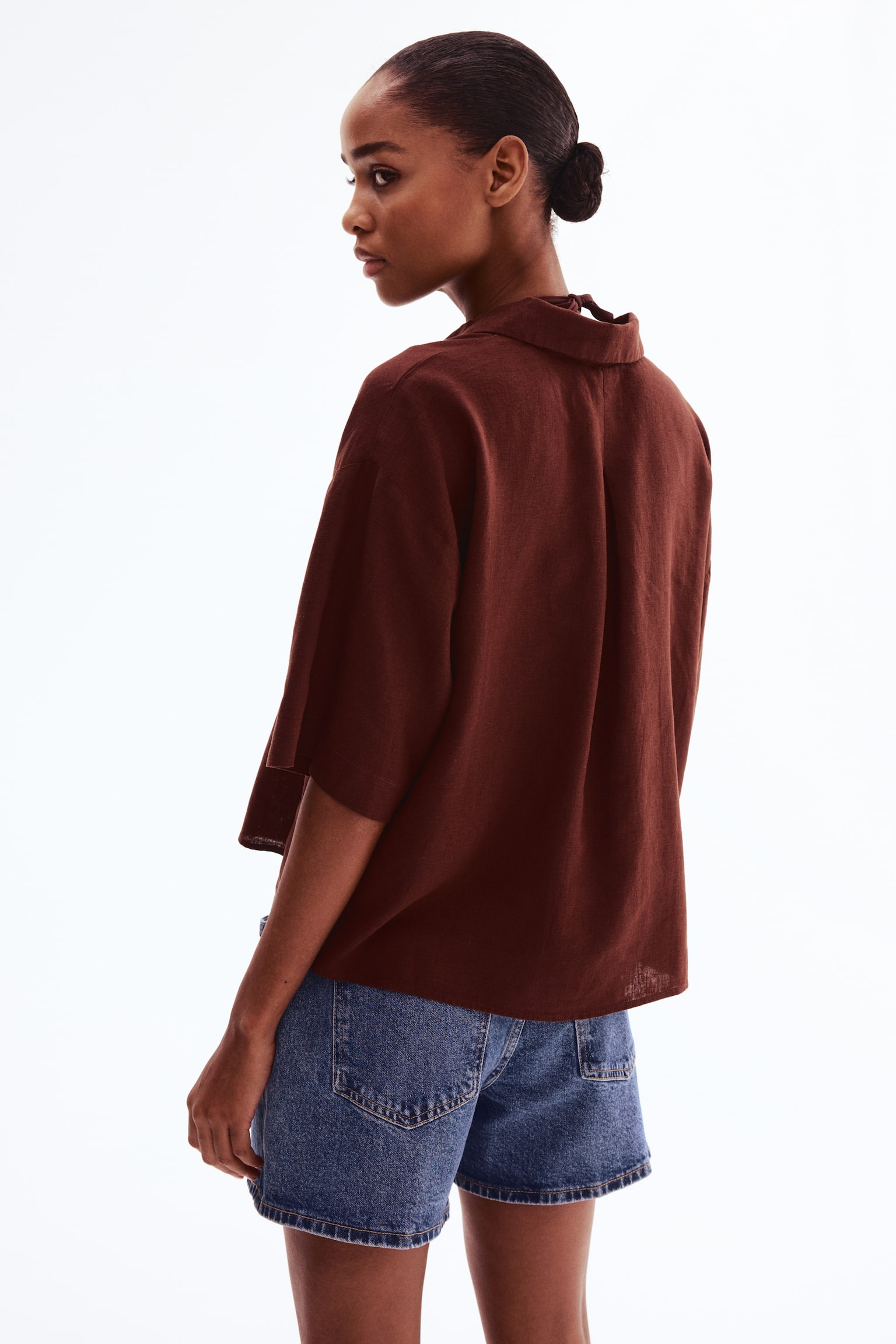Linen-blend shirt - Dark brown/Bright red - 4