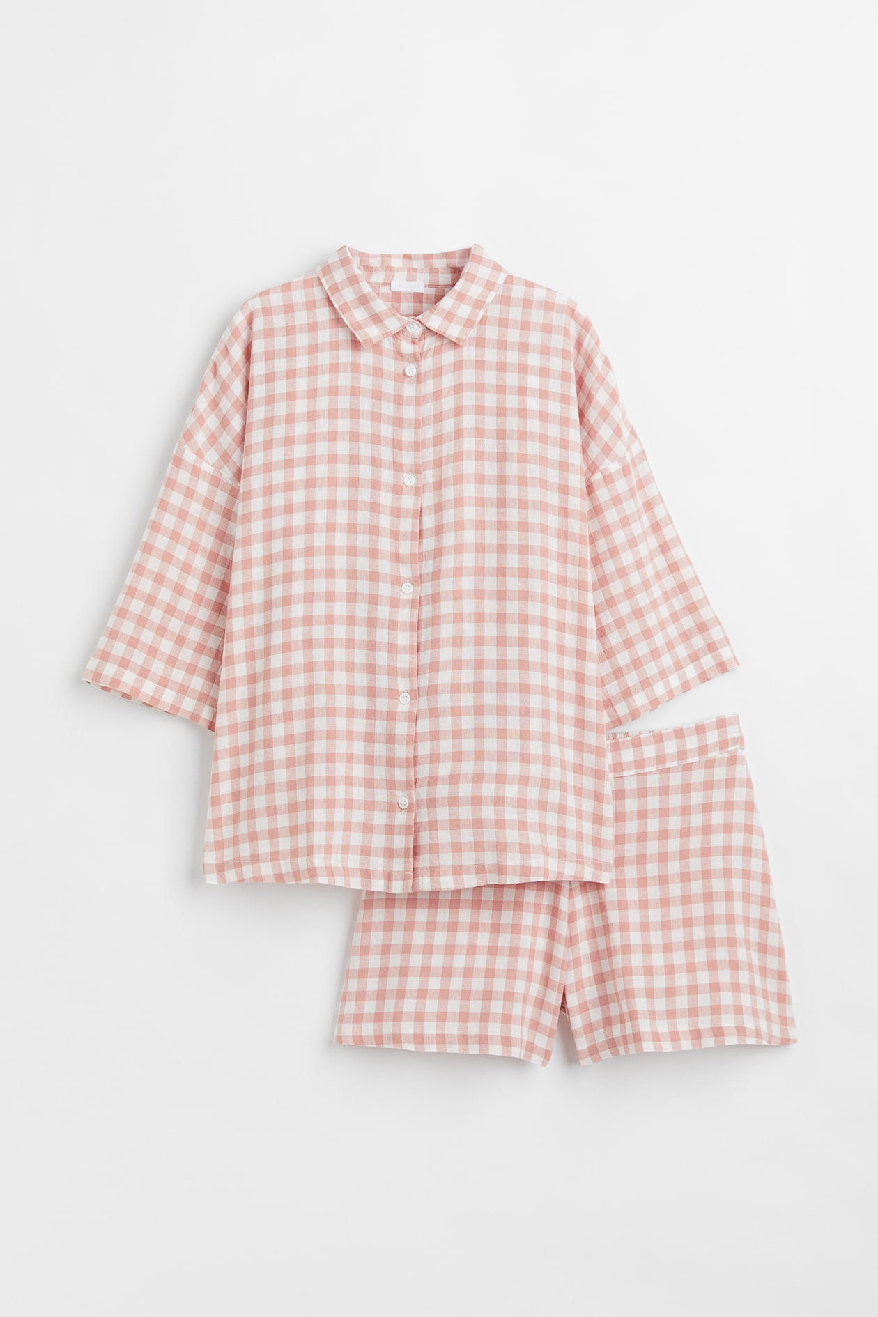 Linen-blend Pajamas - 3/4 sleeve - Short - Pink/checked - Home All | H&M US