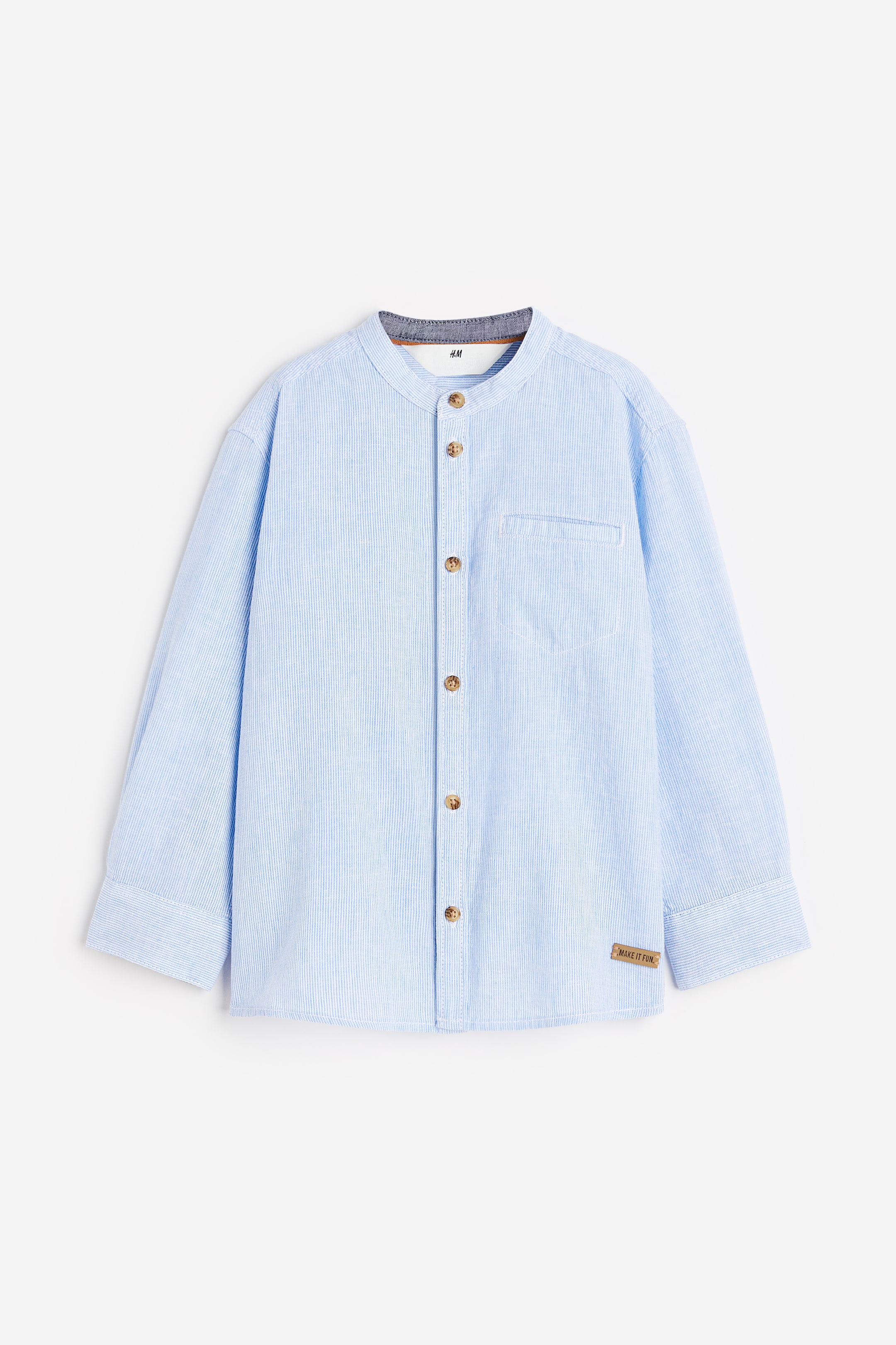 Band-collar Shirt - Long sleeve - Regular length - Light blue/striped ...