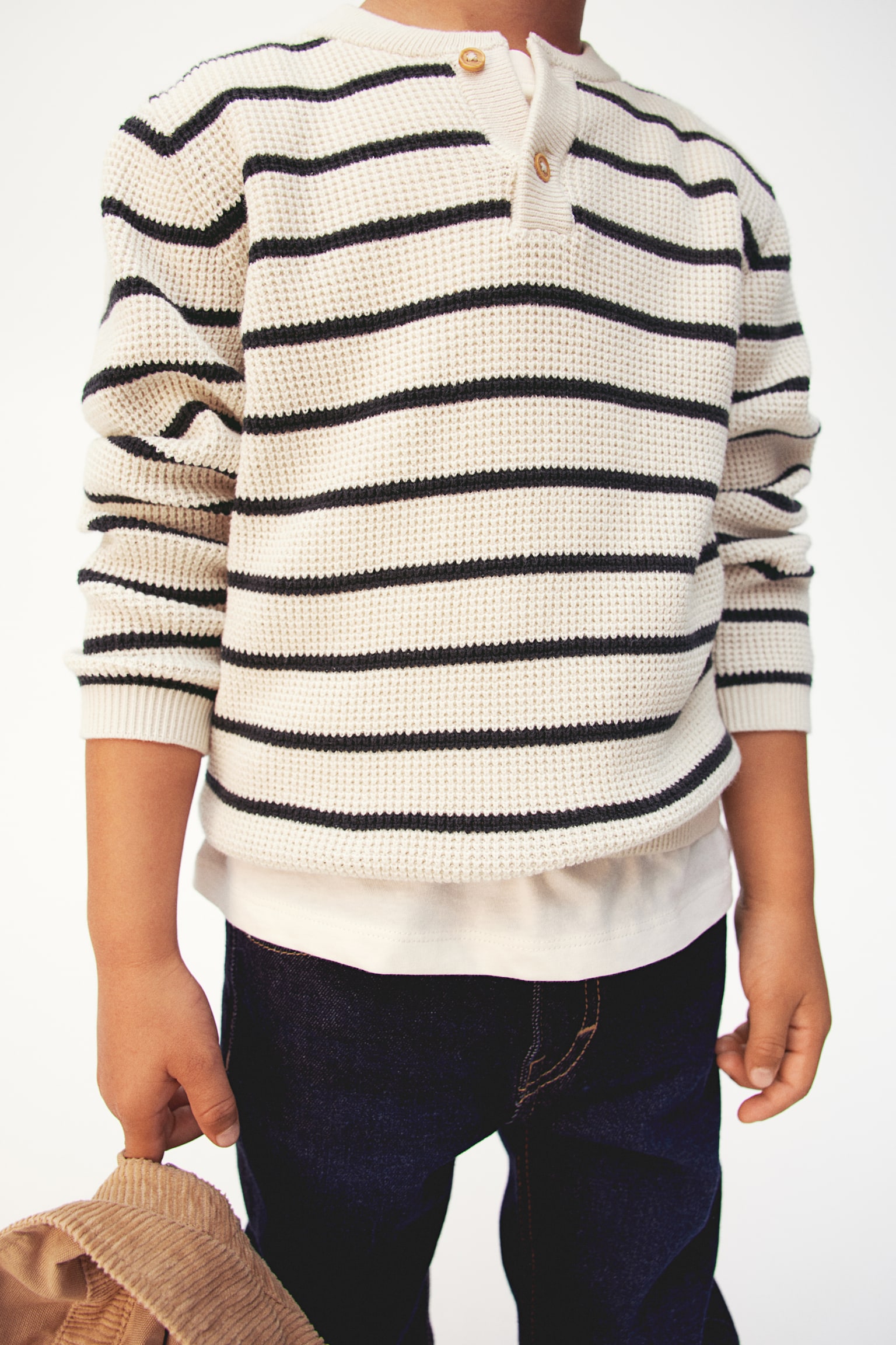 Waffle-knit Henley jumper - Cream/Striped/Khaki green - 5