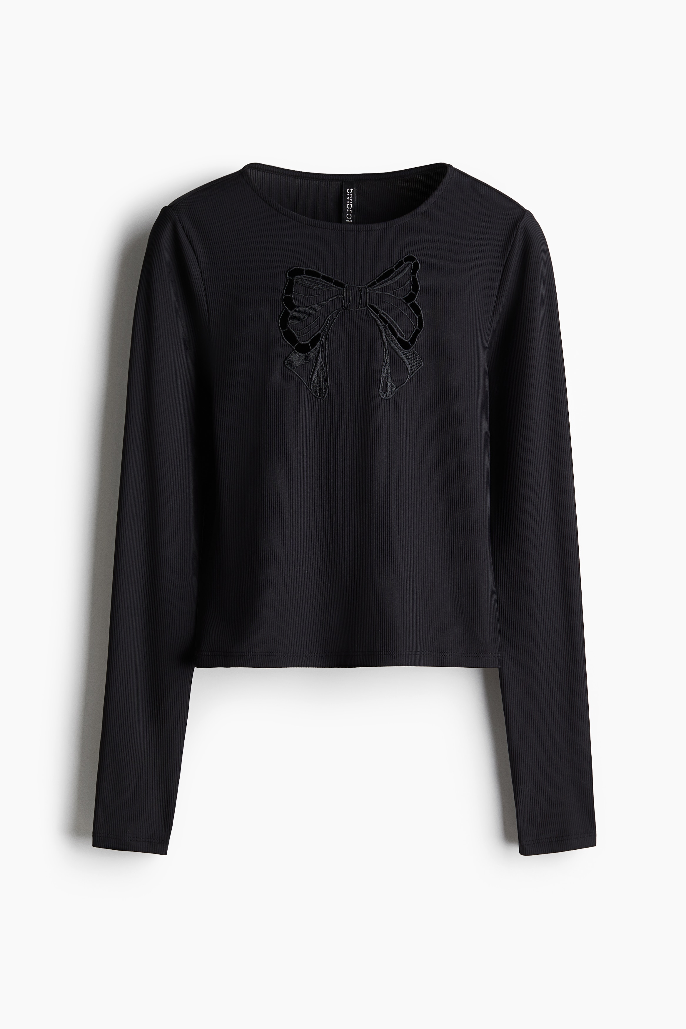 Embroidered-motif ribbed top - Black/Bow - Ladies | H&M IN