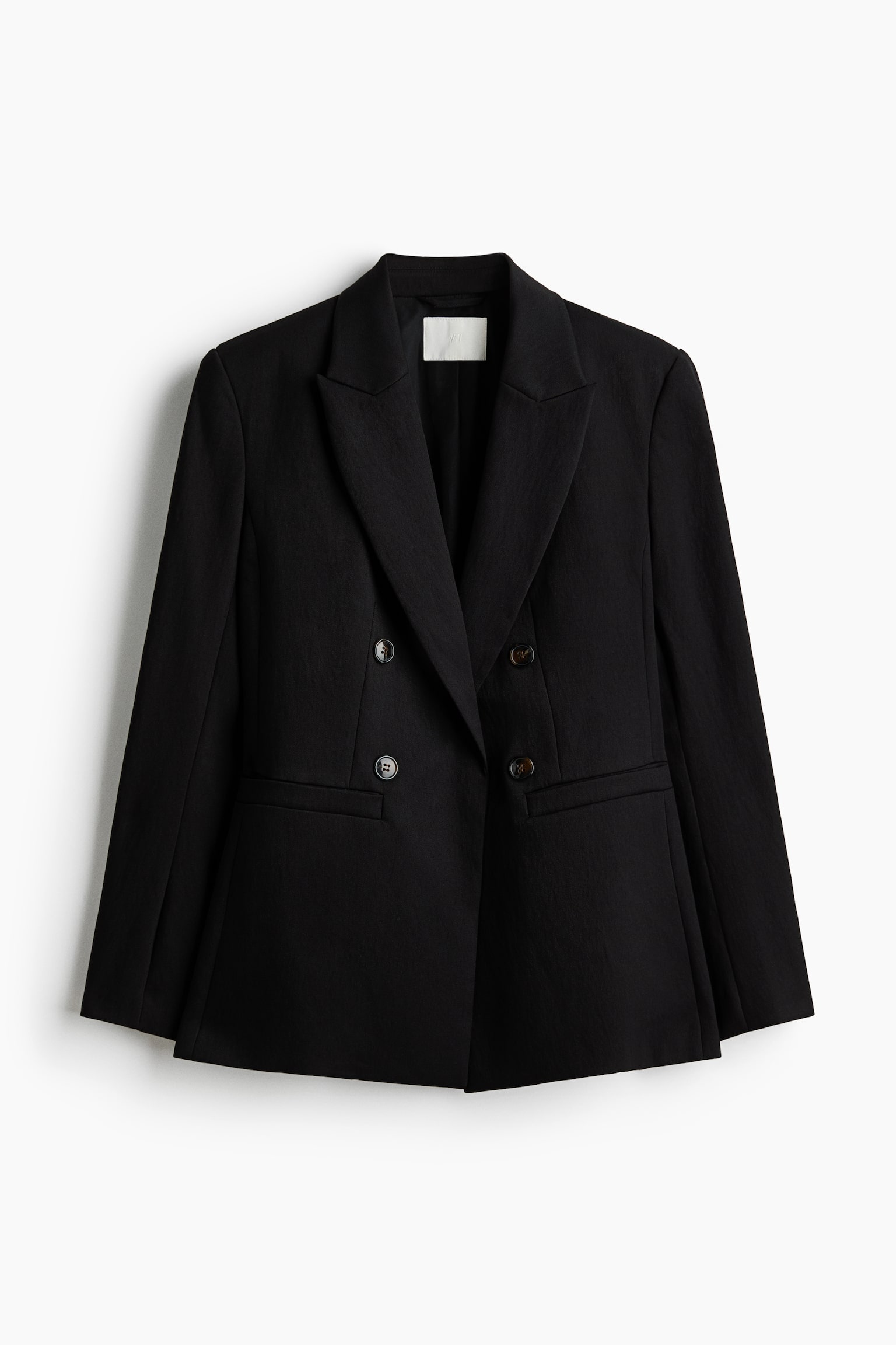 A black double-breasted blazer is shown from the front, featuring notch lapels and four dark circular buttons. Two flap pockets are visible at hip level. - 1