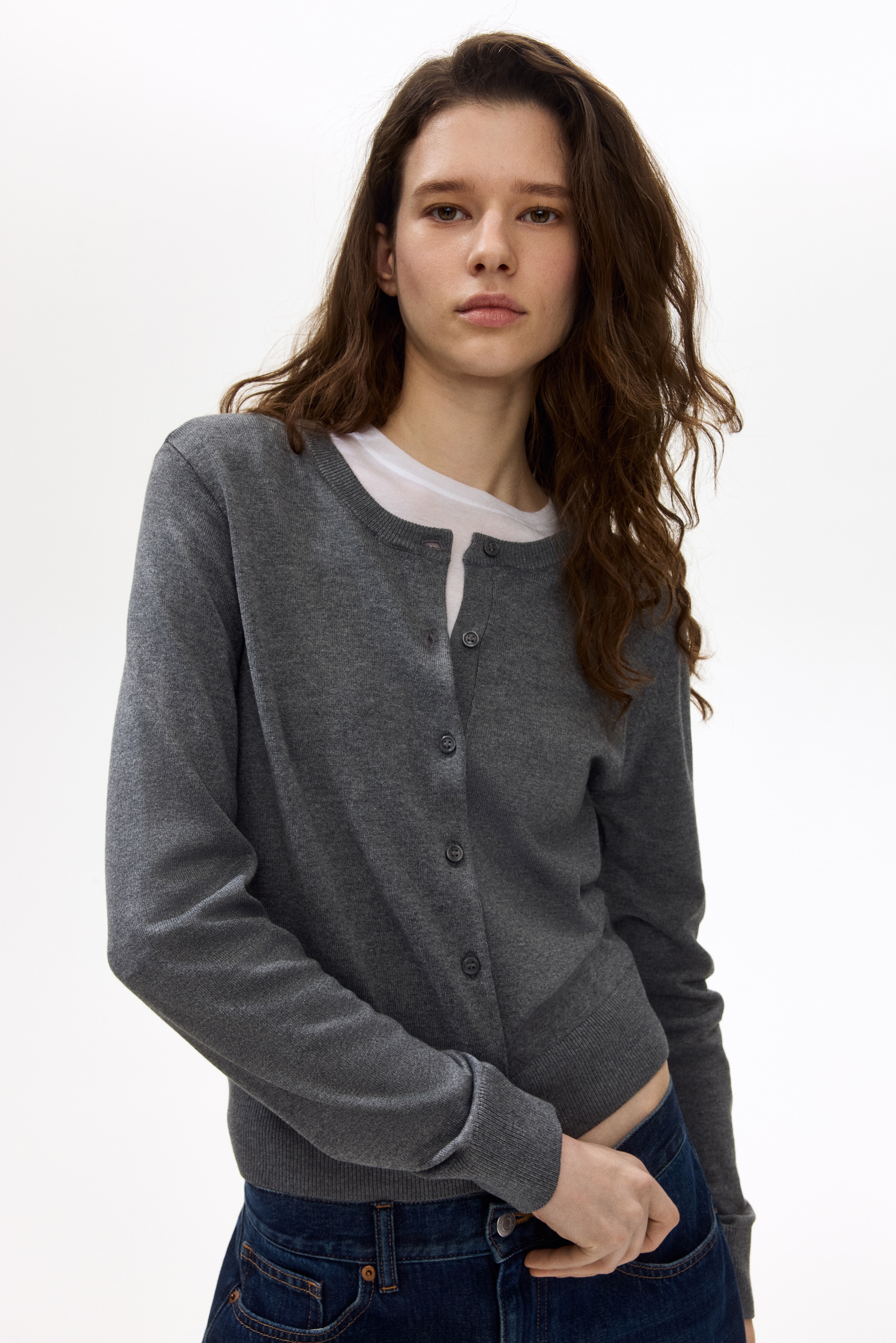 İnce Triko Hırka - Gri kırçıllı/Koyu kahverengi/Lila/Açık bej