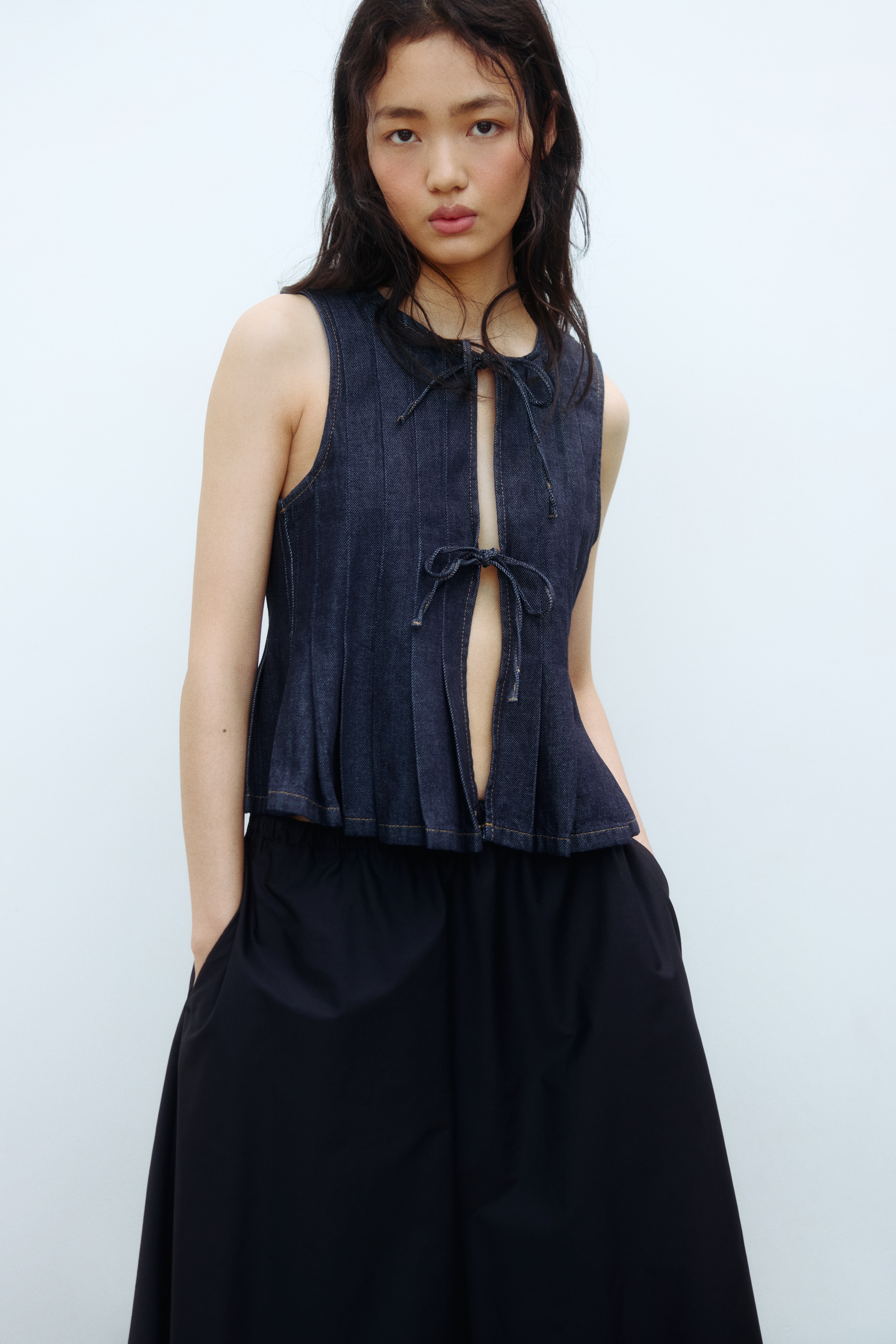 Tie-detail denim waistcoat
