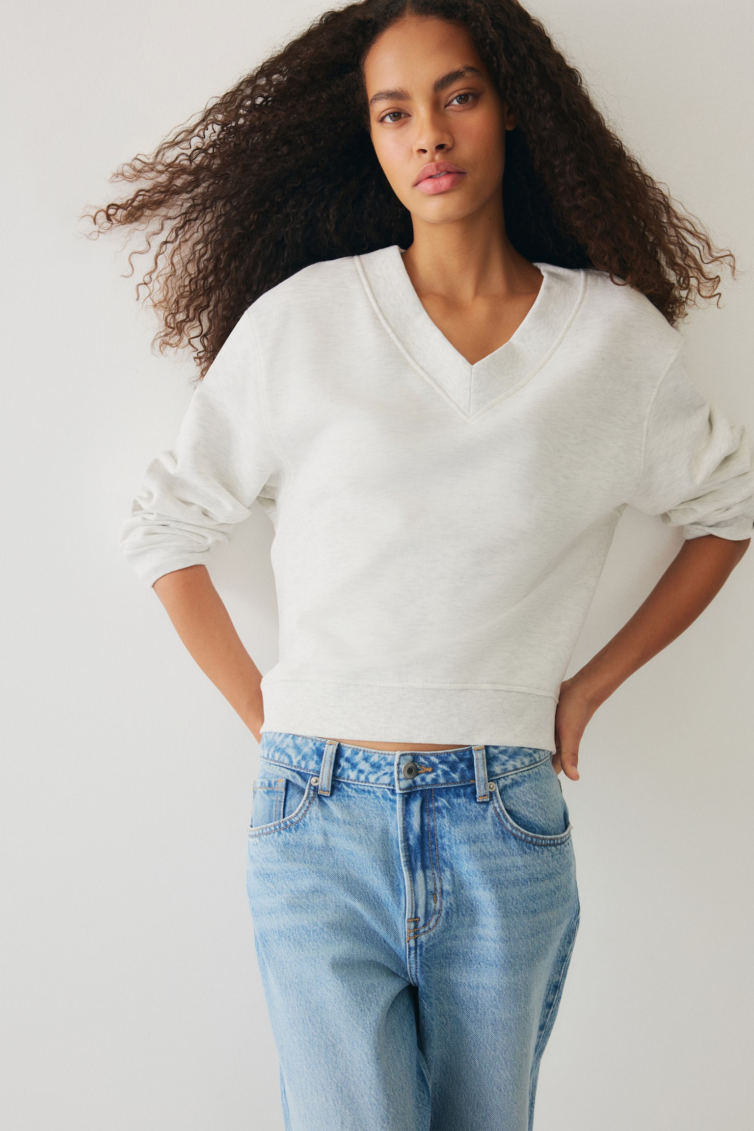 V-neck sweatshirt - Light grey marl/Dusty pink/Navy blue - 1