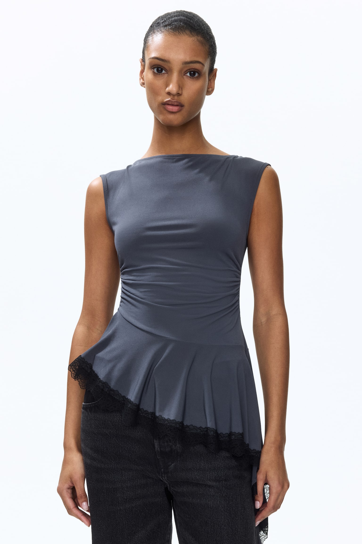Lace-trimmed top - Dark grey/Dark brown - 6