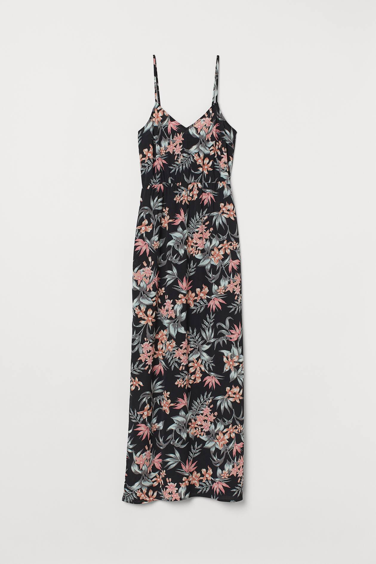 Crêped Maxi Dress - V-neck - Sleeveless - Black/floral - Ladies | H&M US