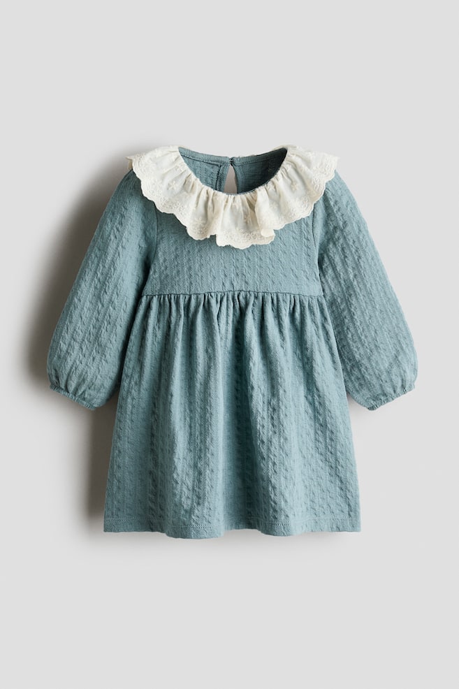 Lace-collar textured cotton dress - Turquoise - 1