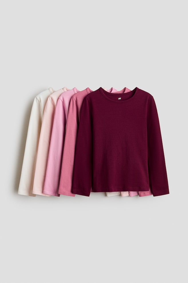 5-Pack Long-Sleeved T-Shirts - Dark red/pink/cream/Dusty purple/hearts/Dusty pink/cream/Dusty blue/pale purple/pink - 1