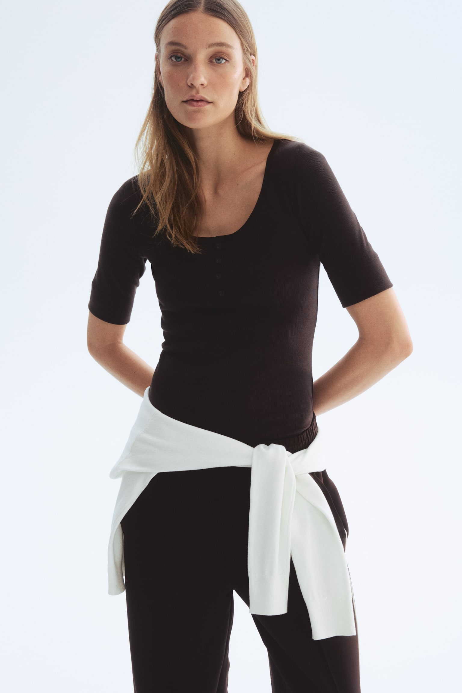 Ribbed cotton top - Dark brown/White/Black/Dark khaki green - 5