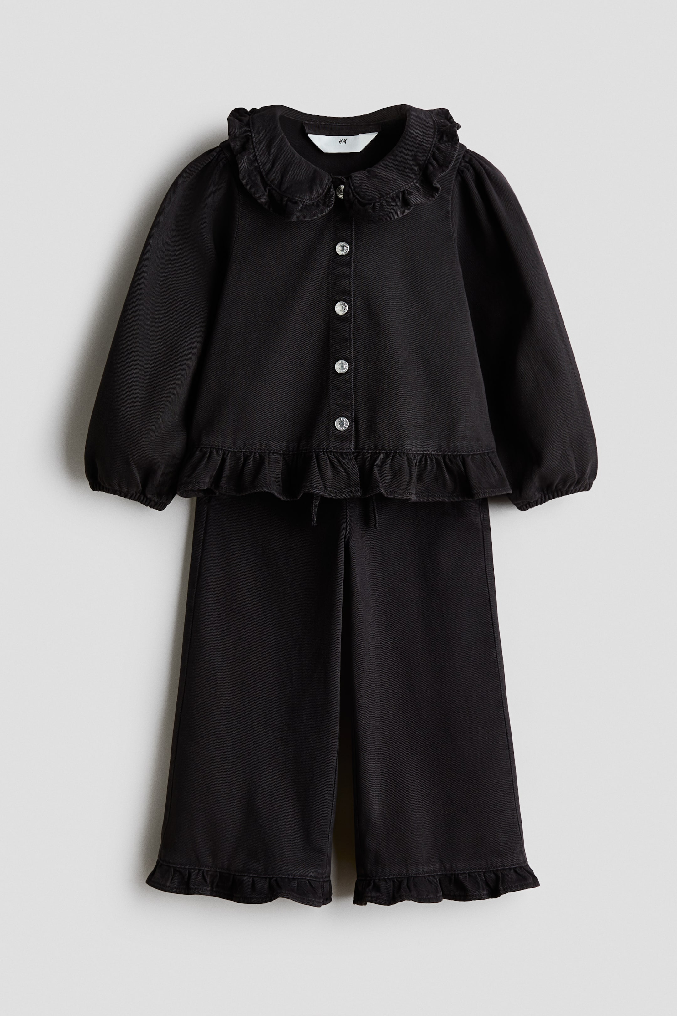View larger image: 2-piece frill-trimmed denim set - Black - Kids | H&M 1