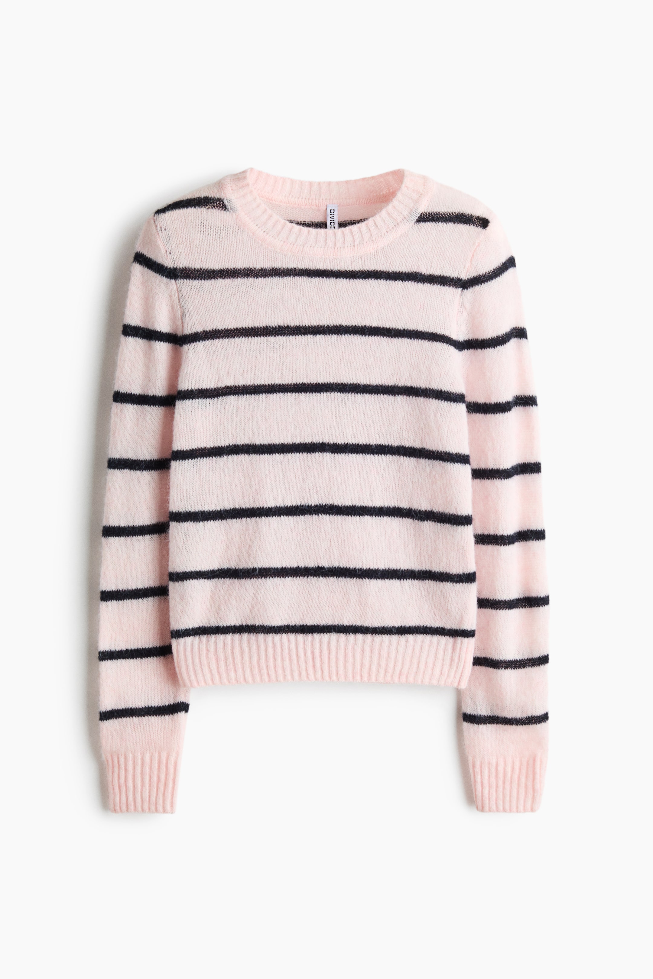 View larger image: A front view shows a fitted sweater in a soft, lightly brushed pink knit with horizontal black stripes. The garment features a ribbed crew neck, ribbed cuffs, and a ribbed hem.