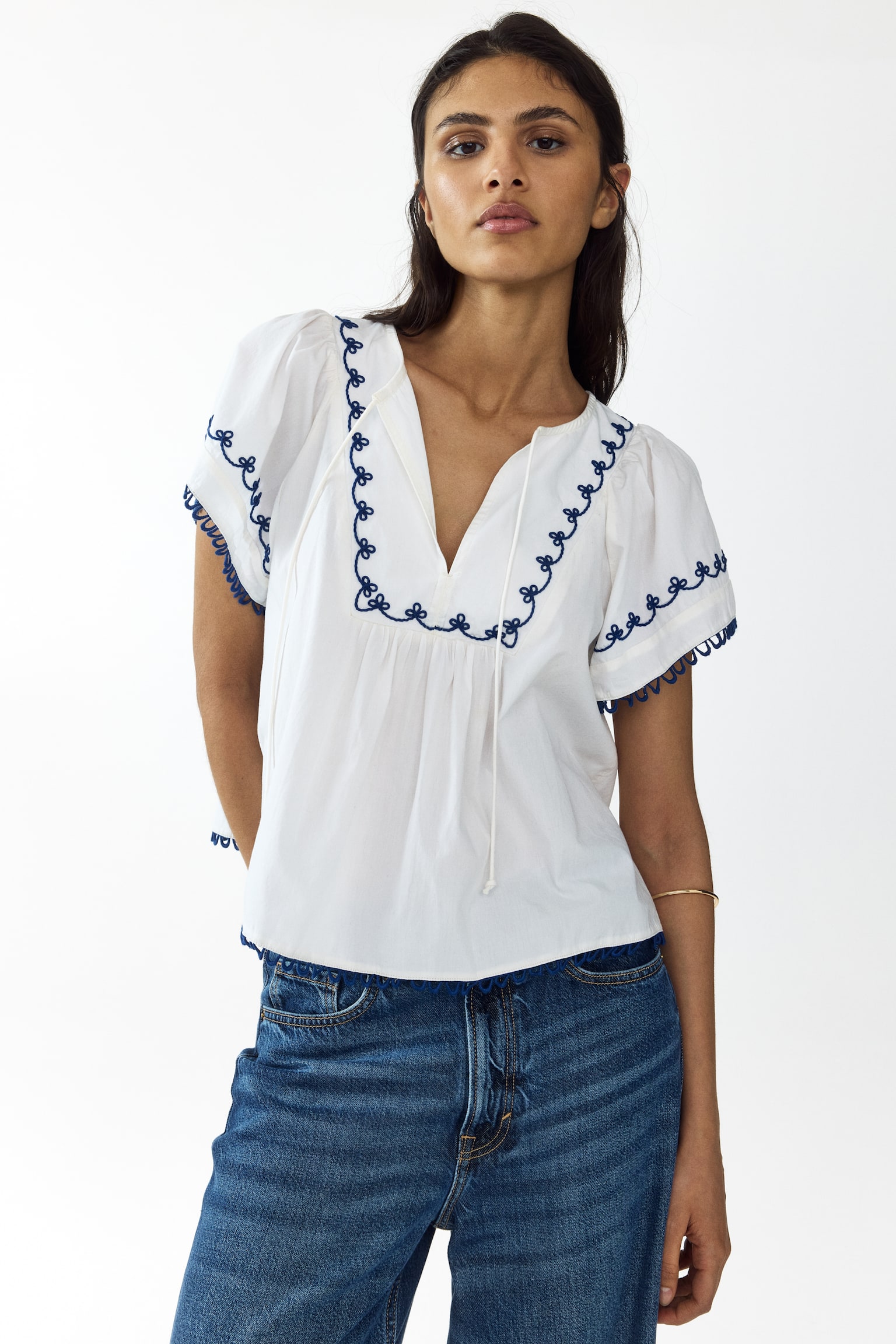 Embroidered cotton blouse - White/Blue/White/Red - 1