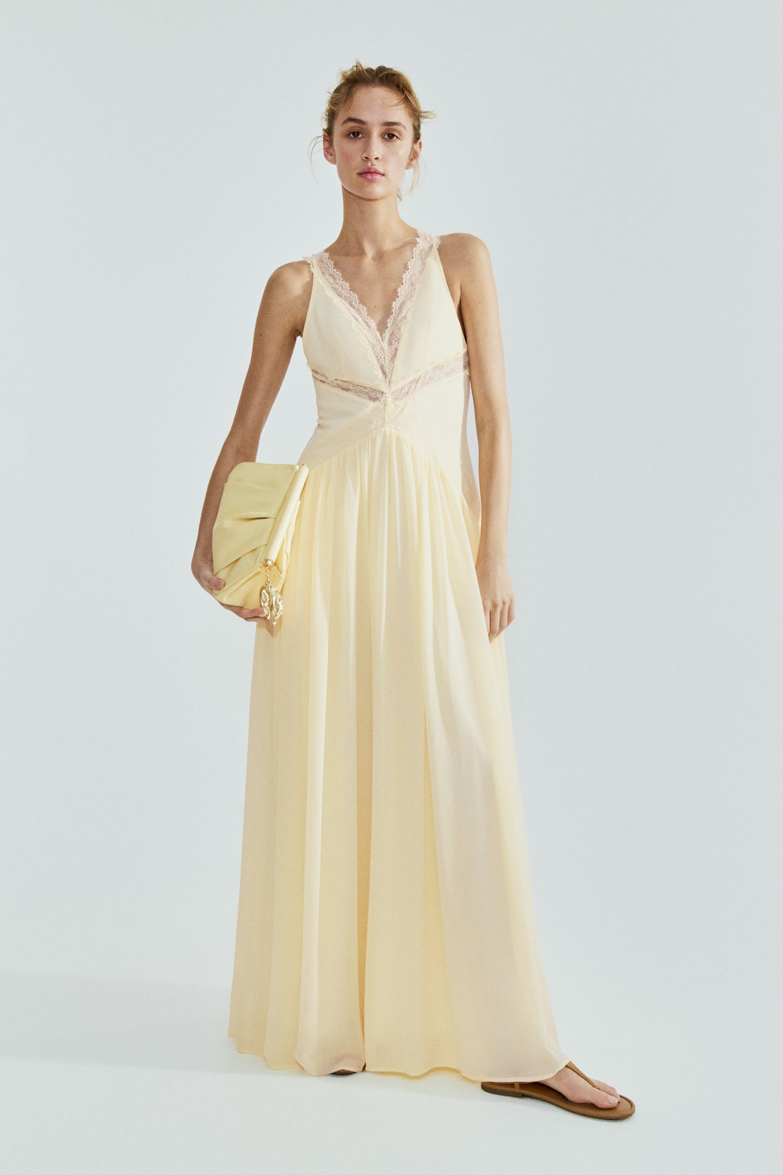 Lace-inset chiffon dress - Yellow - 3