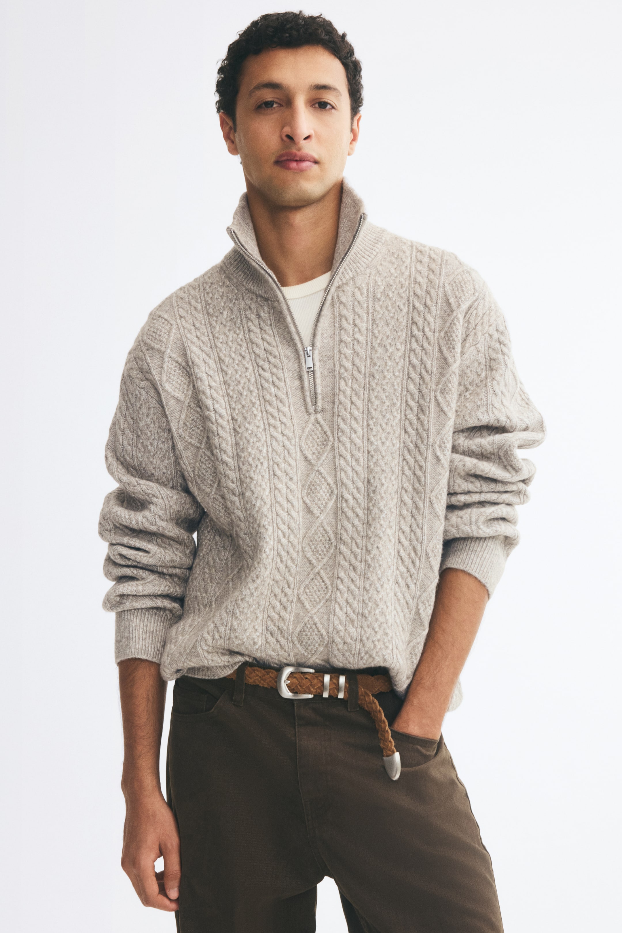 View larger image: Relaxed Fit Cable-knit zip-top jumper - Greige - Men | H&M GB 1