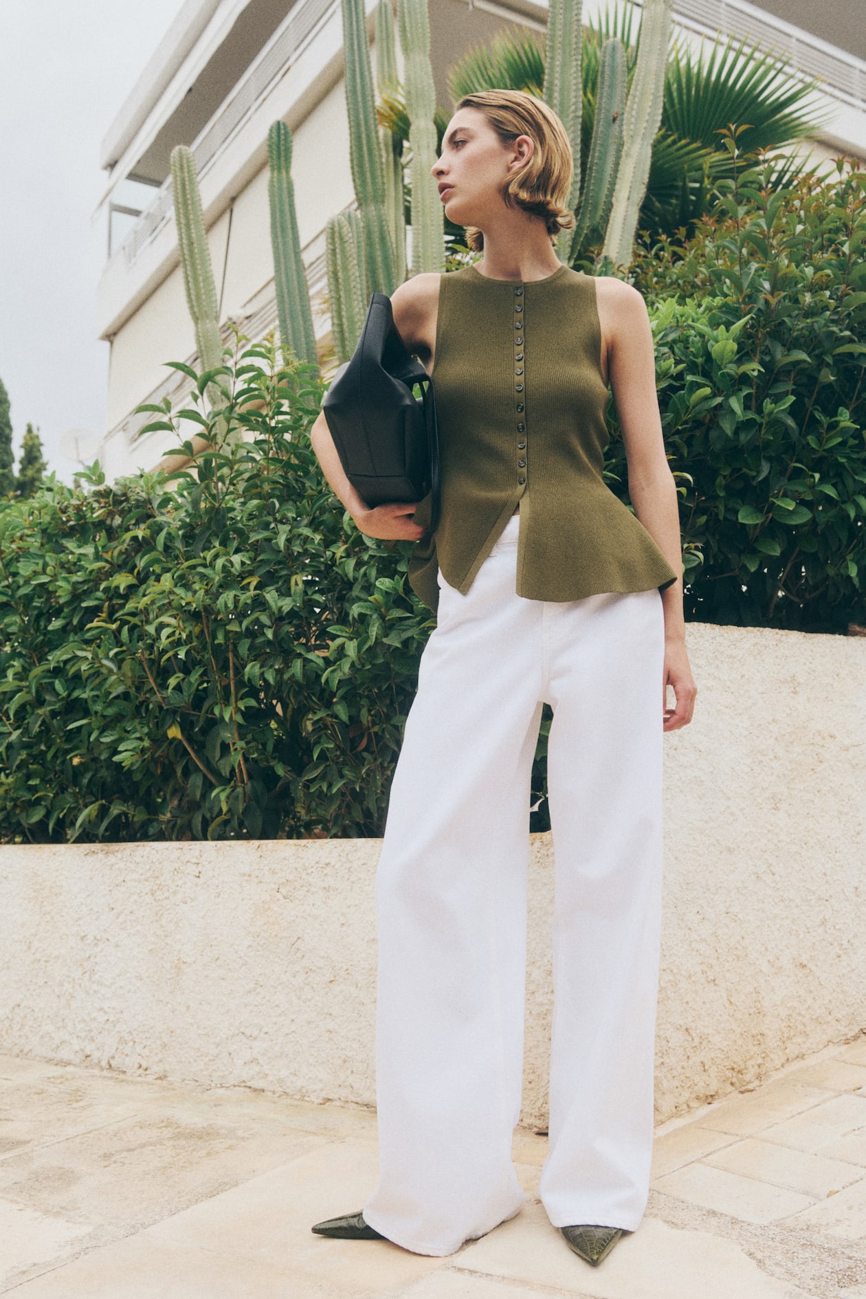 Gilet péplum sans manches en maille côtelée - Vert kaki foncé - FEMME | H&M FR