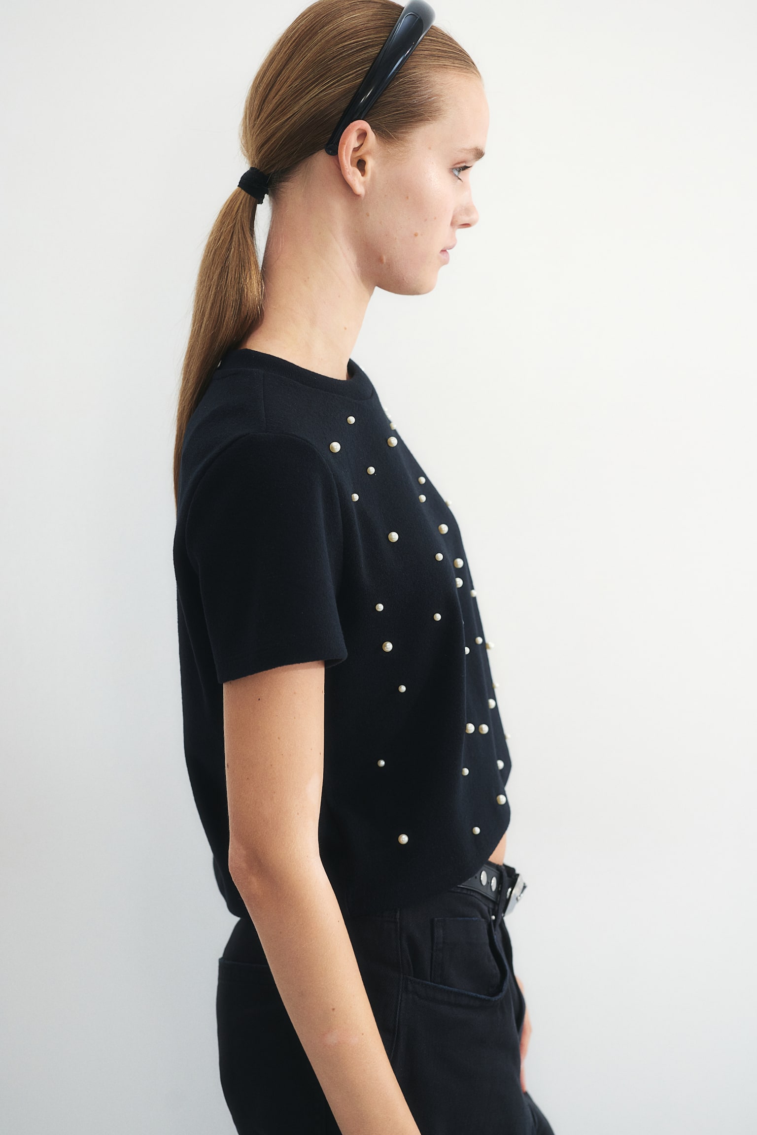 Bead-embellished T-shirt - Black/White/Light pink - 4