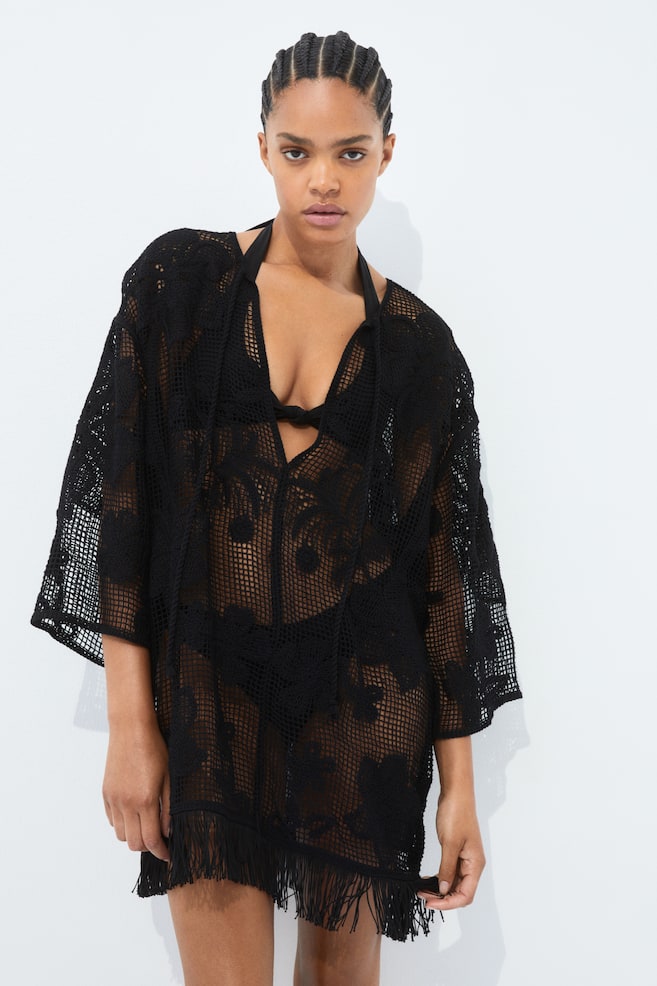 Crochet-look beach dress - Black/Floral - 1
