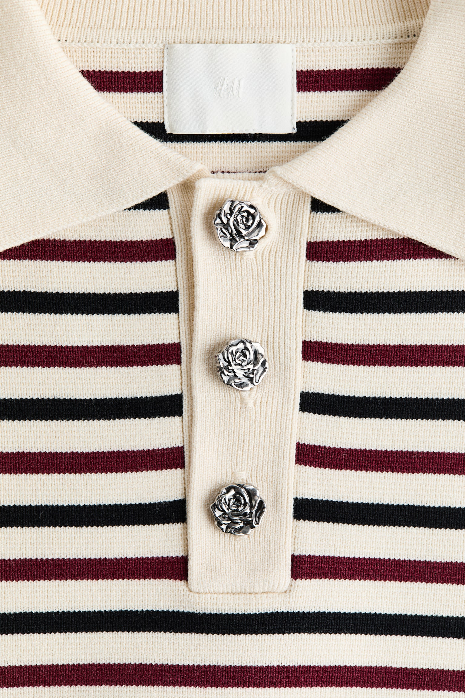 Женское поло H&M Fine-Knit Polo Shirt with Shoulder Pads, цвет: Кремовый / Полосатый — фото 7