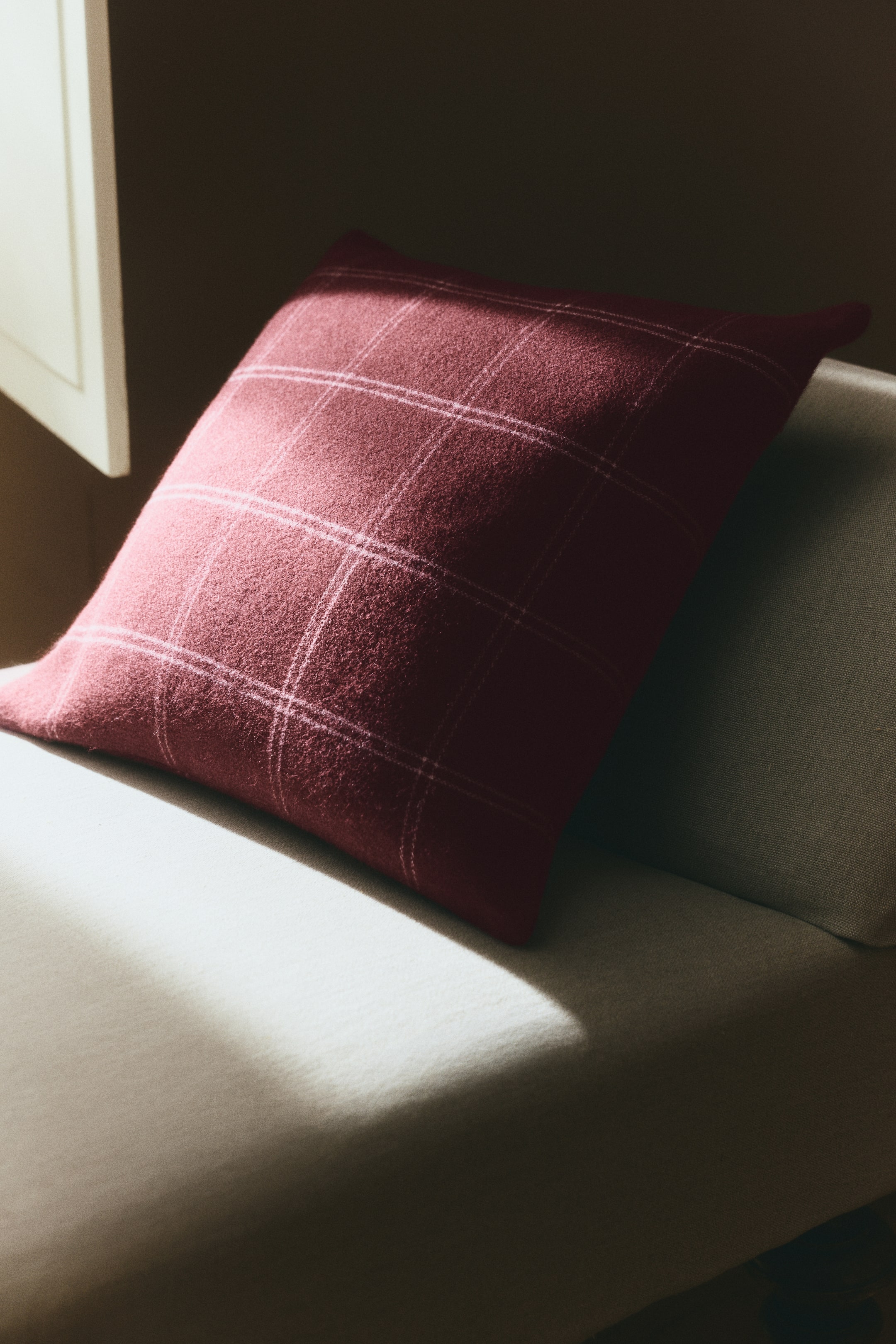 View larger image: Viscose-blend cushion cover - Dark plum red/Checked - Home All | H&M GB 1