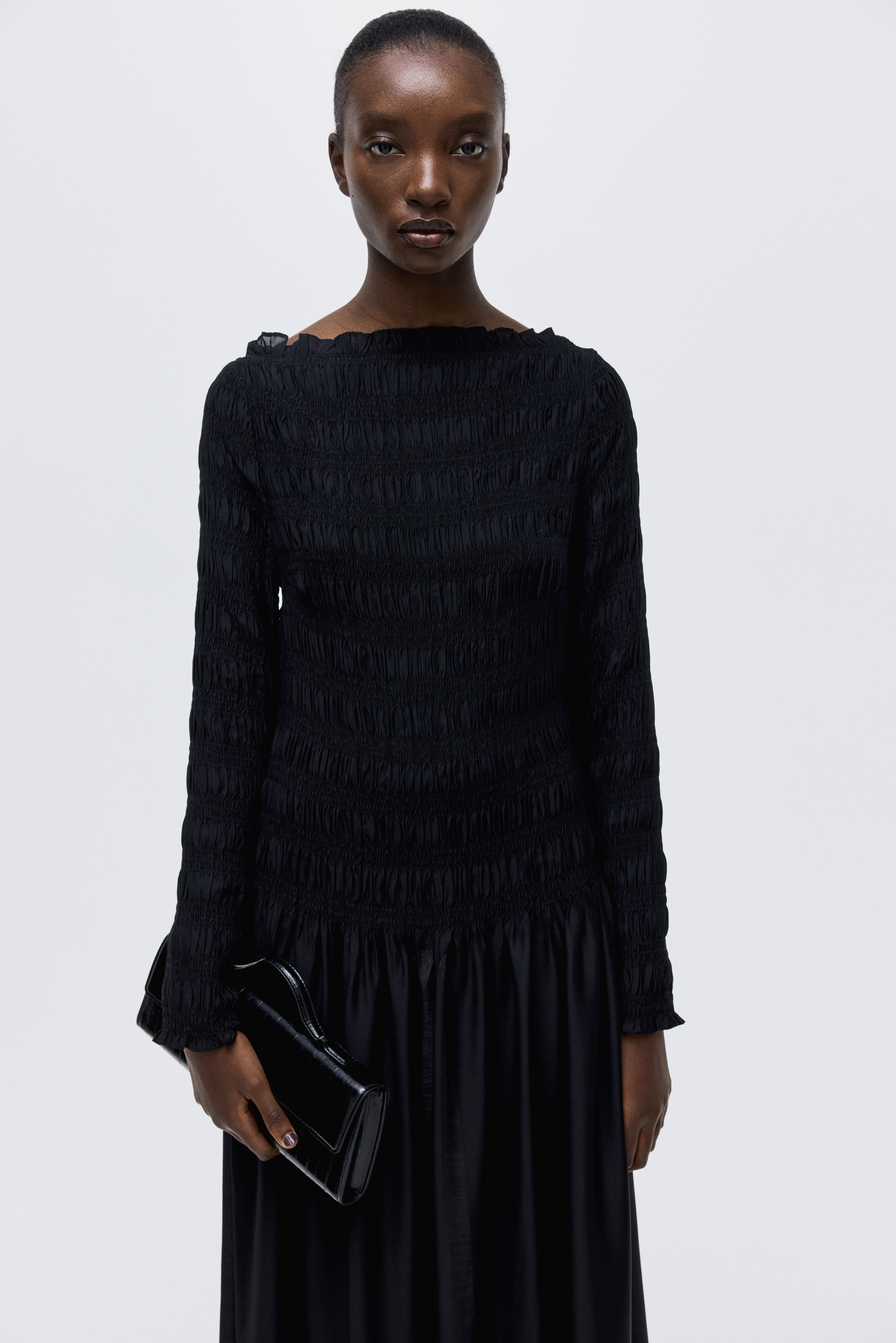 h&m black smocked dress Women's Black Smocked Cotton Dress