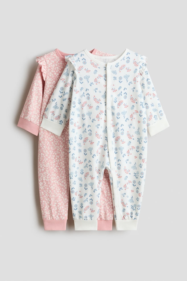 2-Pack Cotton Pajama Jumpsuits - Pink/floral/Light pink/bunnies/Light beige/elephants/Light purple/hearts - 1