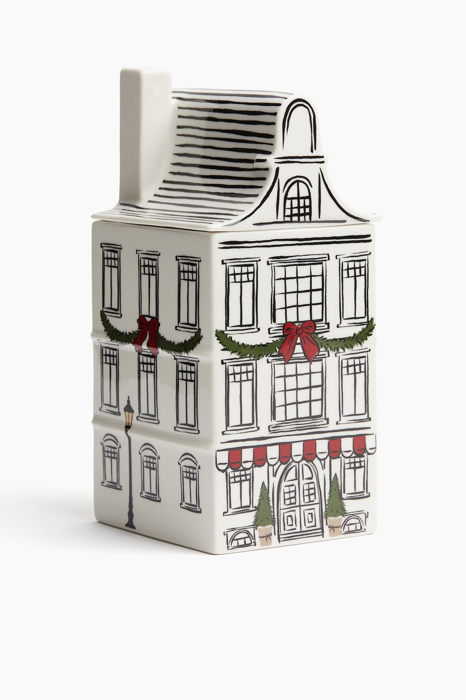 Lidded stoneware Christmas container - White/House - 1