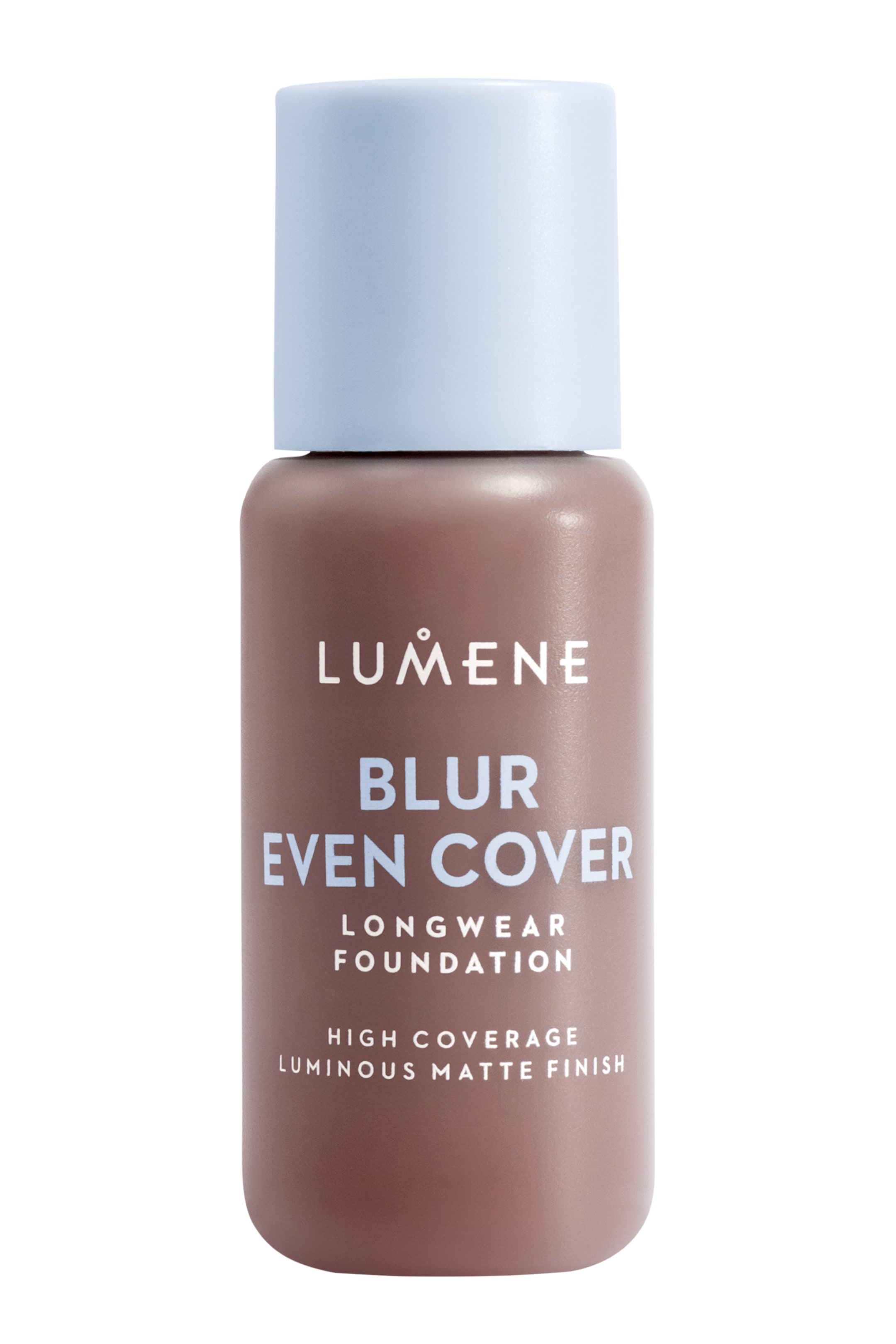 Se større billede: En frontvendt Lumene Blur Even Cover langtidsholdbar foundationflaske står oprejst, med en brunlig-taupe krop med hvid tekst og en lyseblå cylindrisk hætte.