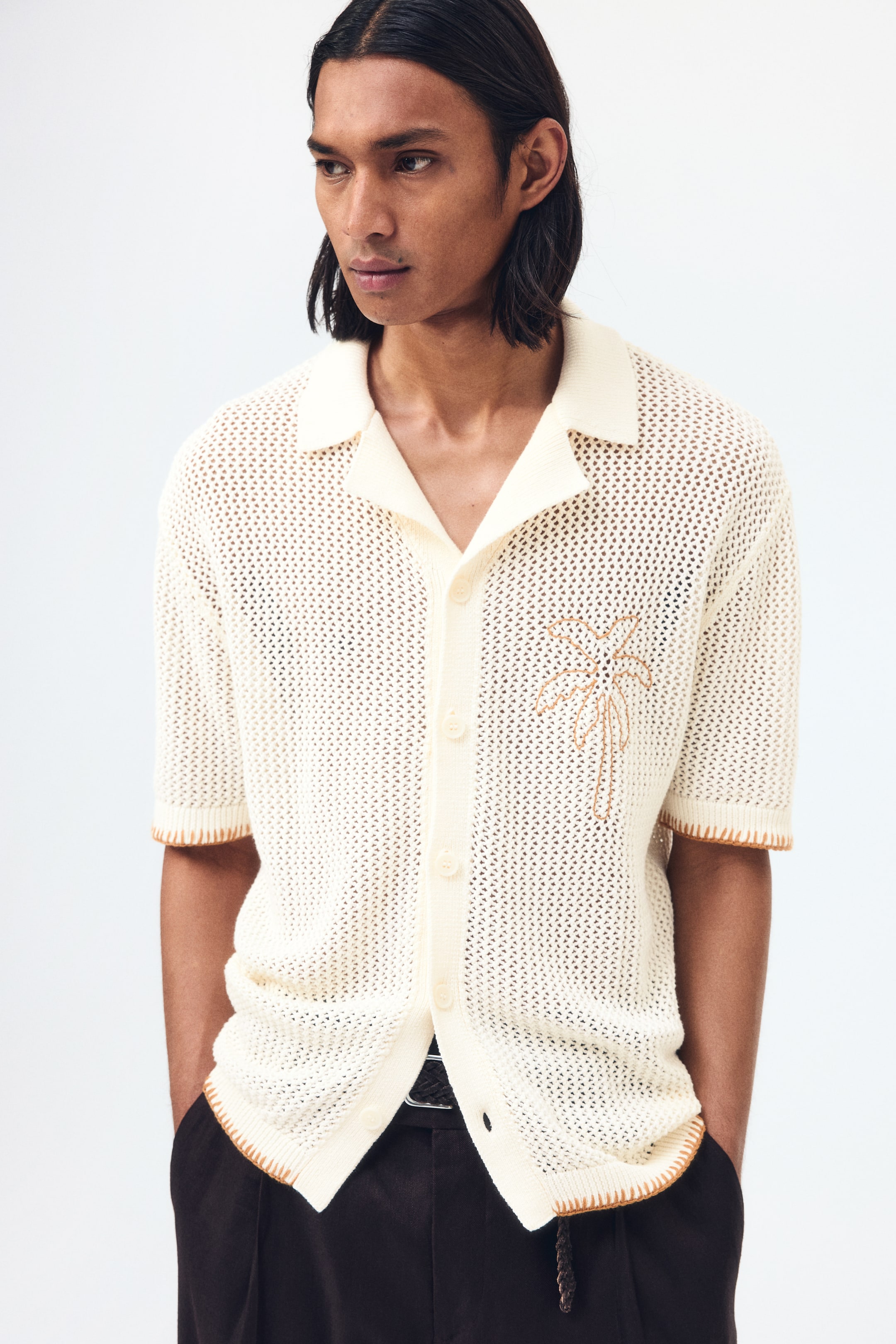 Chemise à col cubain décontractée en tricot ajouré