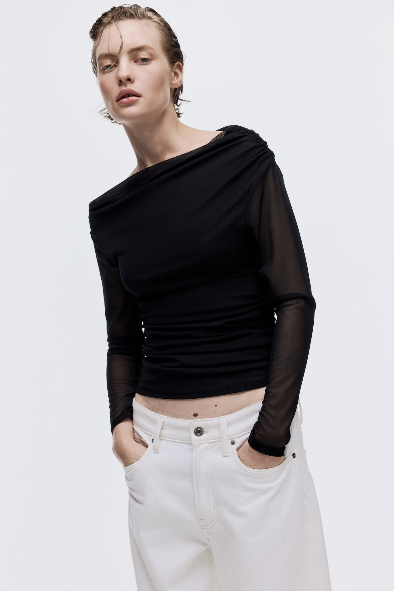 One-Shoulder Mesh Top - Black - Ladies | H&M US