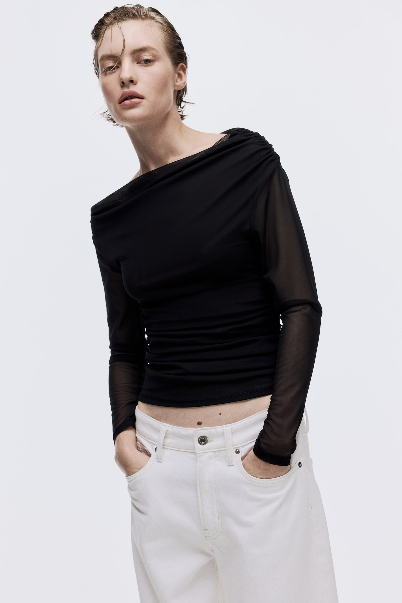 One-shoulder mesh top - Black/Dark plum purple/Dark mole - 1