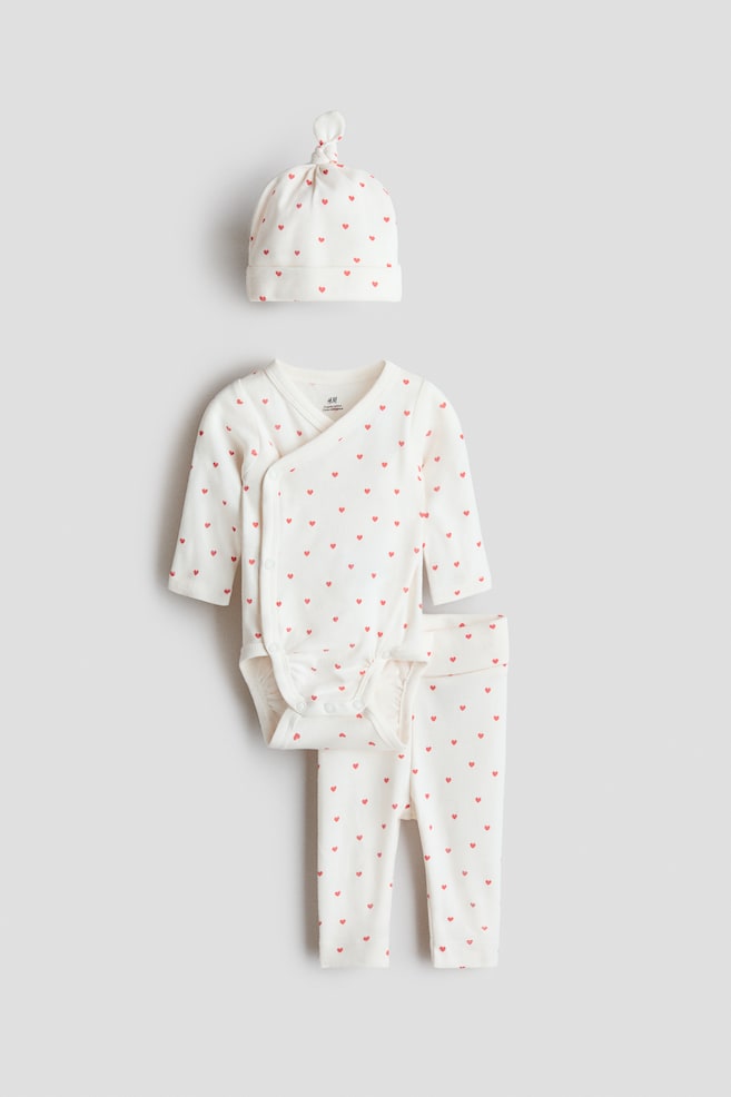 3-Piece Printed Cotton Set - Light beige/hearts - 1
