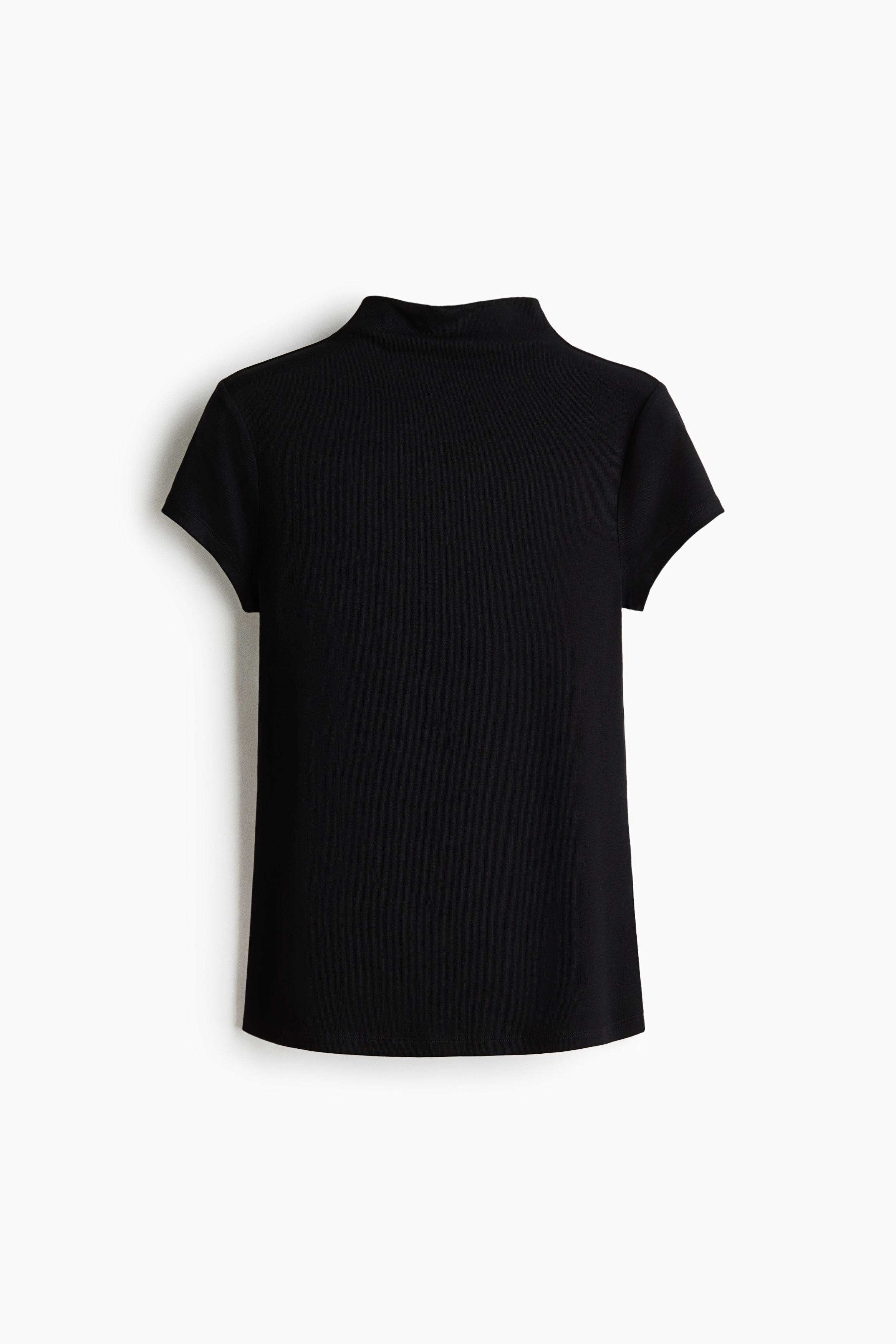 The model is wearing a fitted black top featuring a high neck and short cap sleeves.