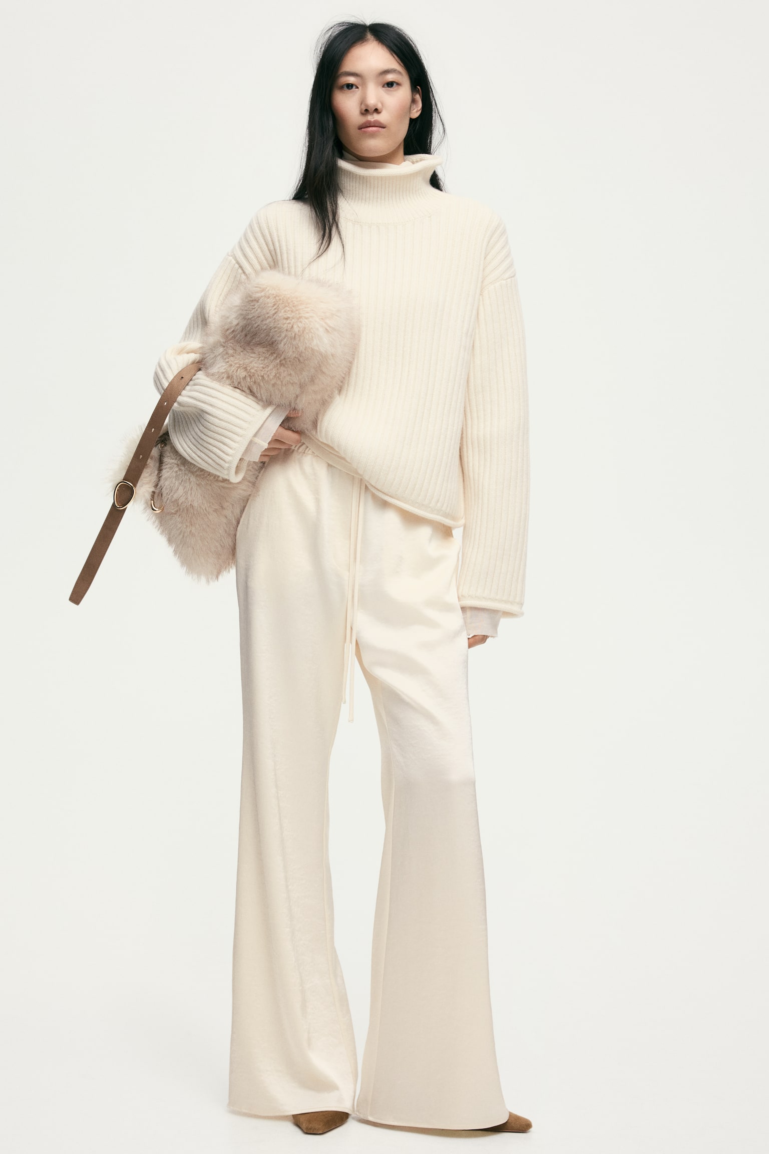 ウールリブニットセーター - クリーム/ブラウン - 7