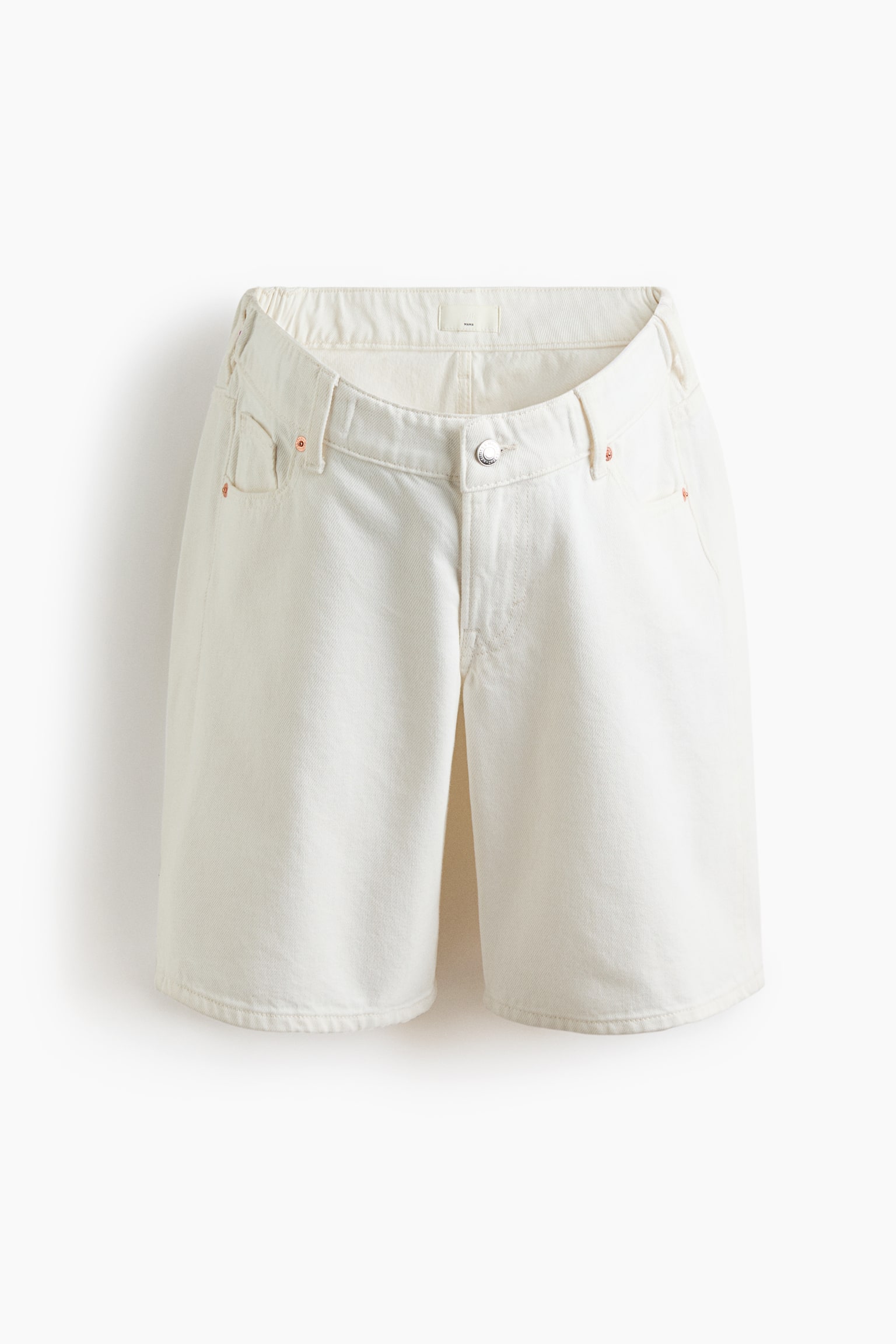 Off-white denim shorts feature a relaxed, wide-leg fit, showcasing a high waistband with elastication at the back and belt loops. They present a front button and zip fastening, along with front slash pockets accented by small copper-toned rivets. - 1