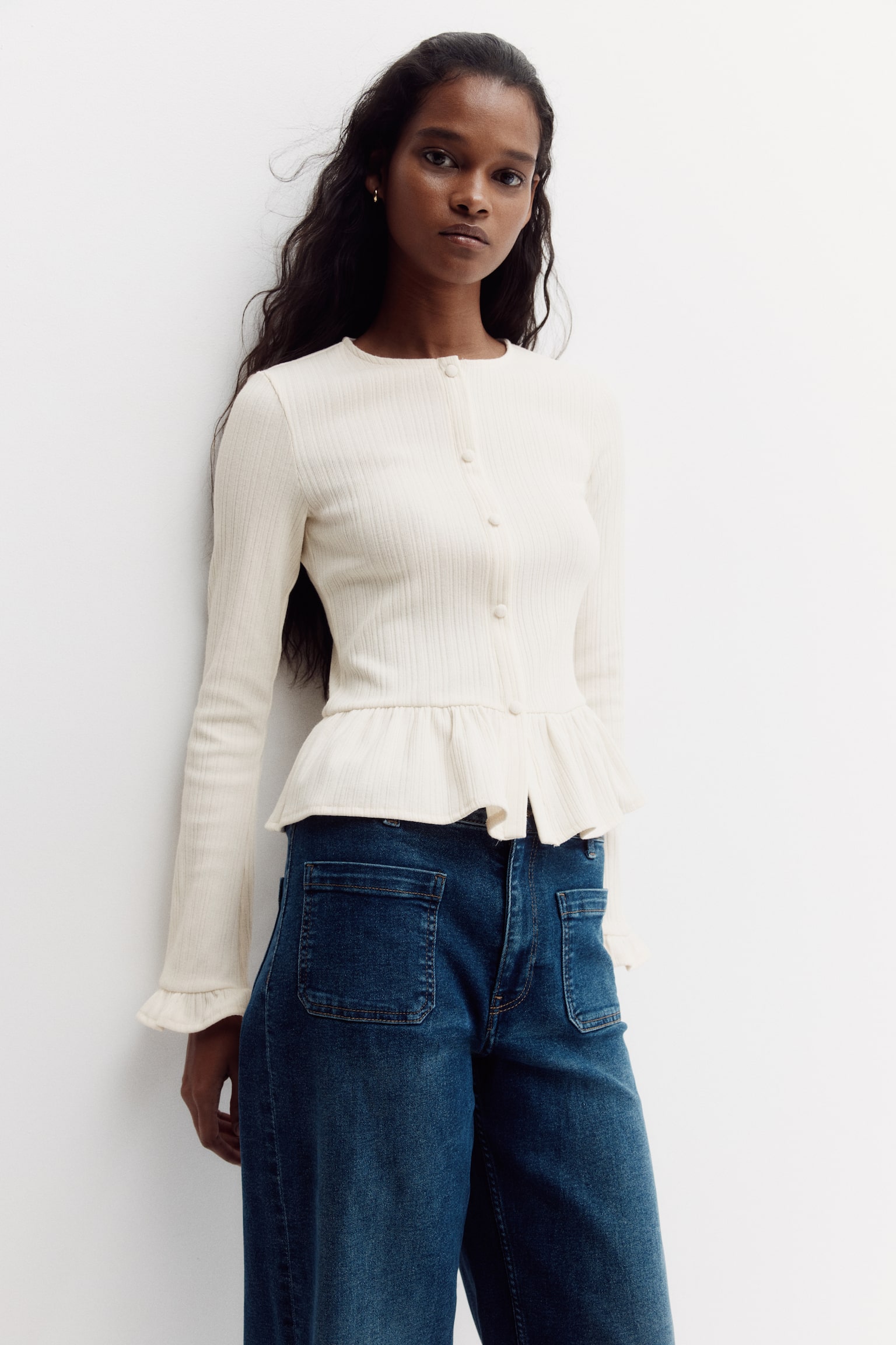 Rib-Knit Peplum Cardigan - Cream/Navy blue - 1