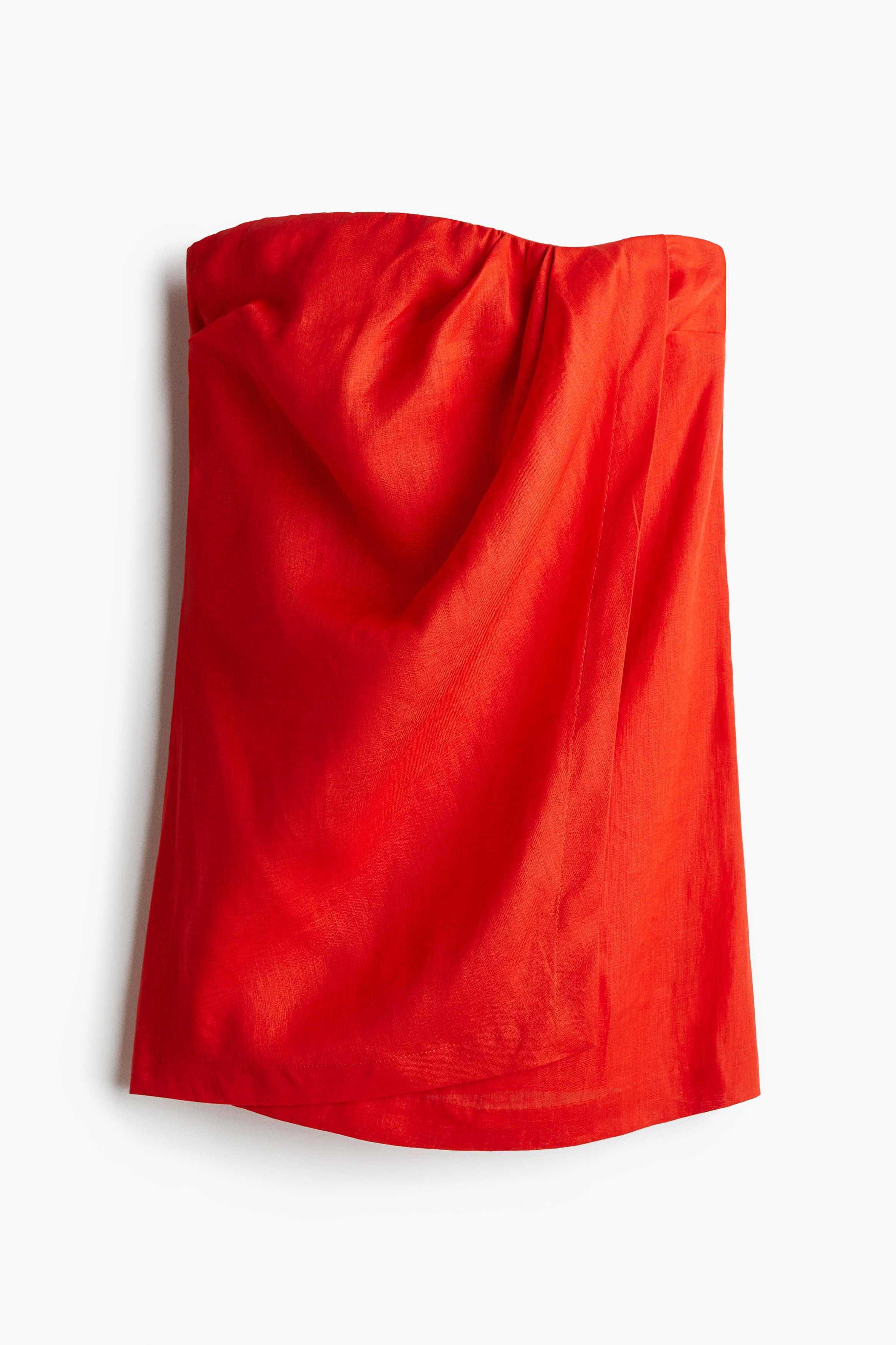 Bandeaukjole i lin - Klarrød/Hvit