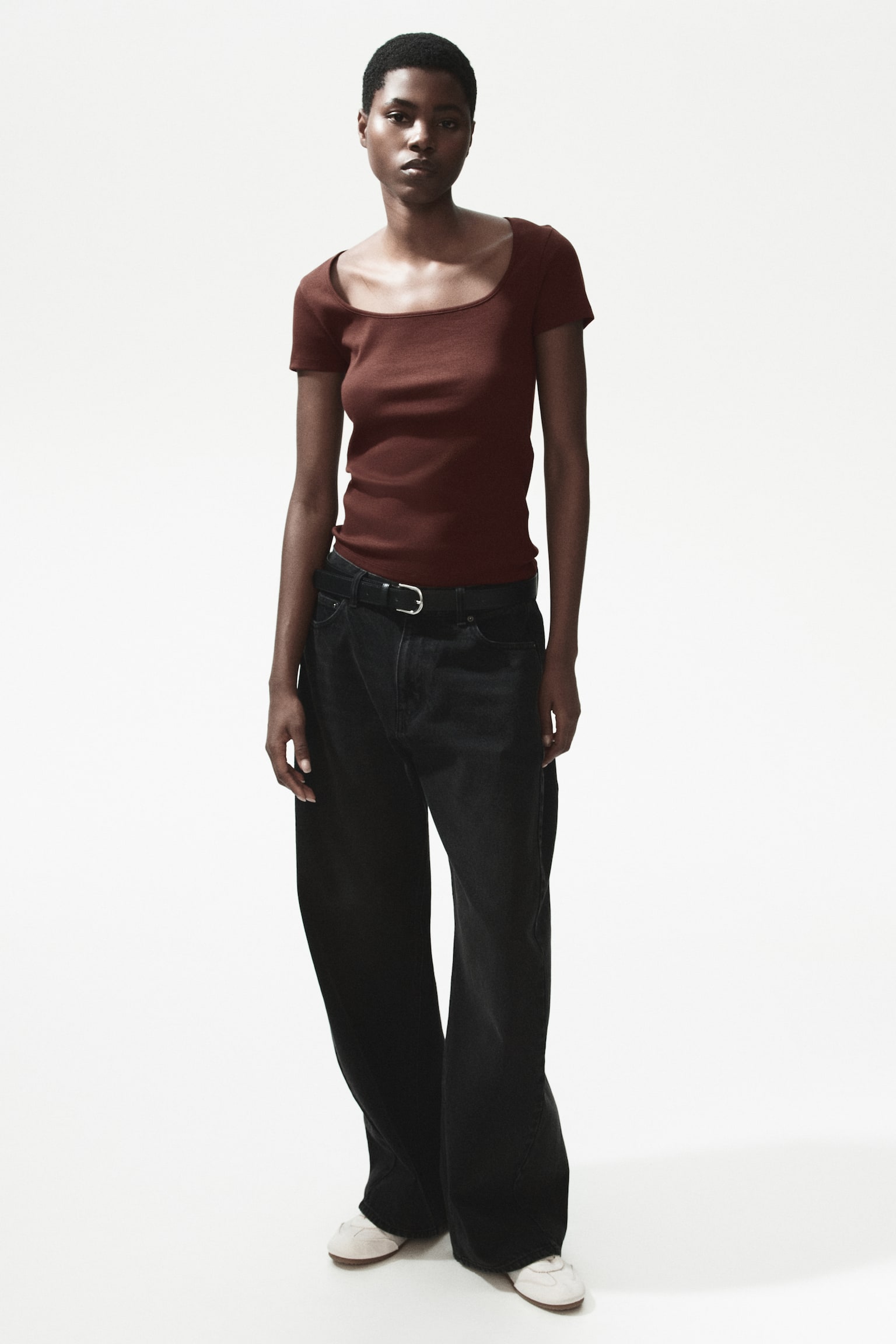 Ribbed cotton T-shirt - Dark brown/White/Light beige marl/Black/Light pink - 1