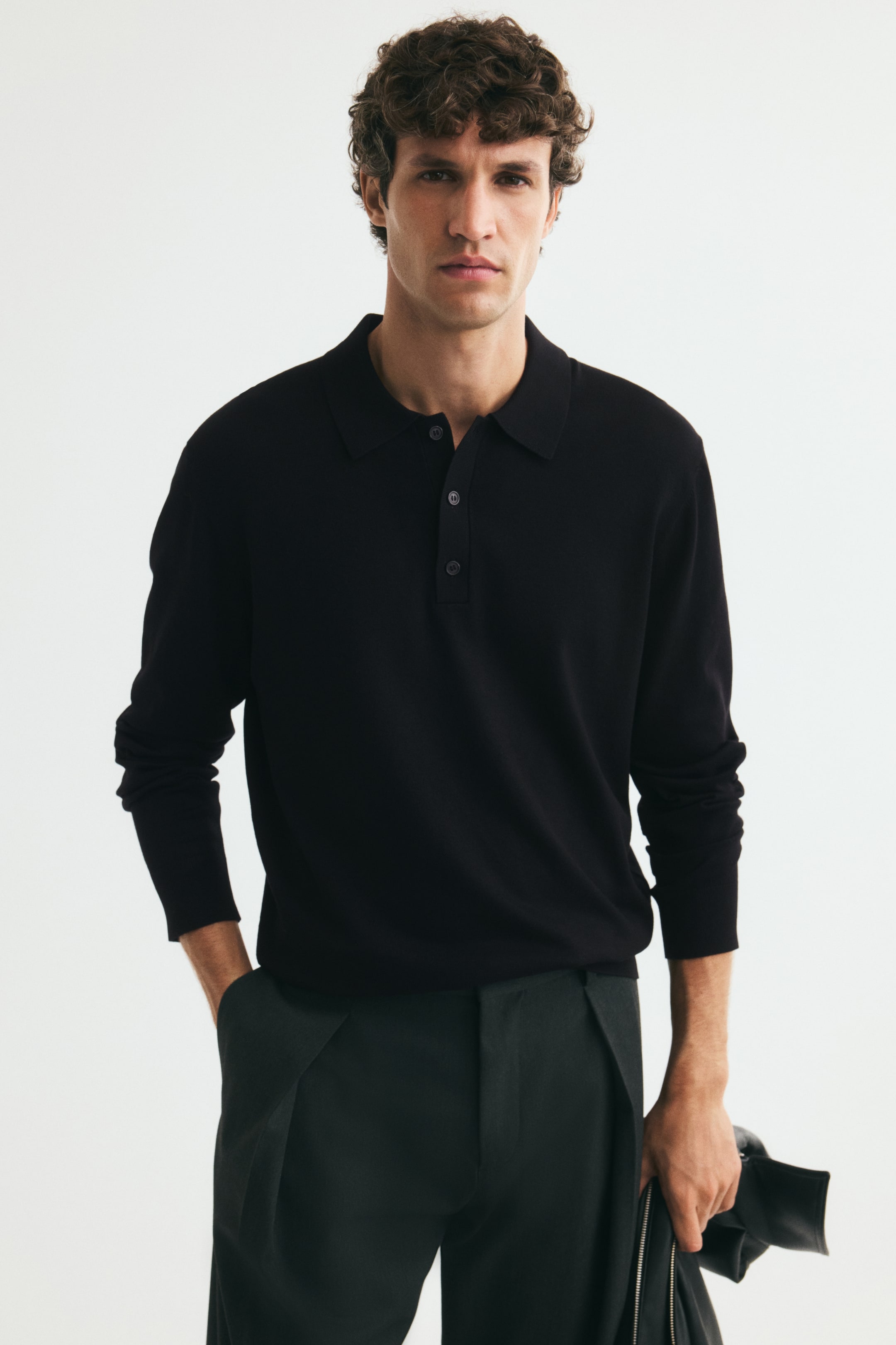 이미지 확대 보기: 니트 폴로셔츠 레귤러핏 - 블랙 - Men | H&M KR 1