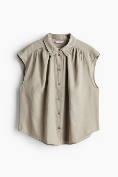 Women's Elegant, Natural-colored Cotton And Linen Blend Sleeveless Shirt-collar Midi Dress MDZ1579A0AN