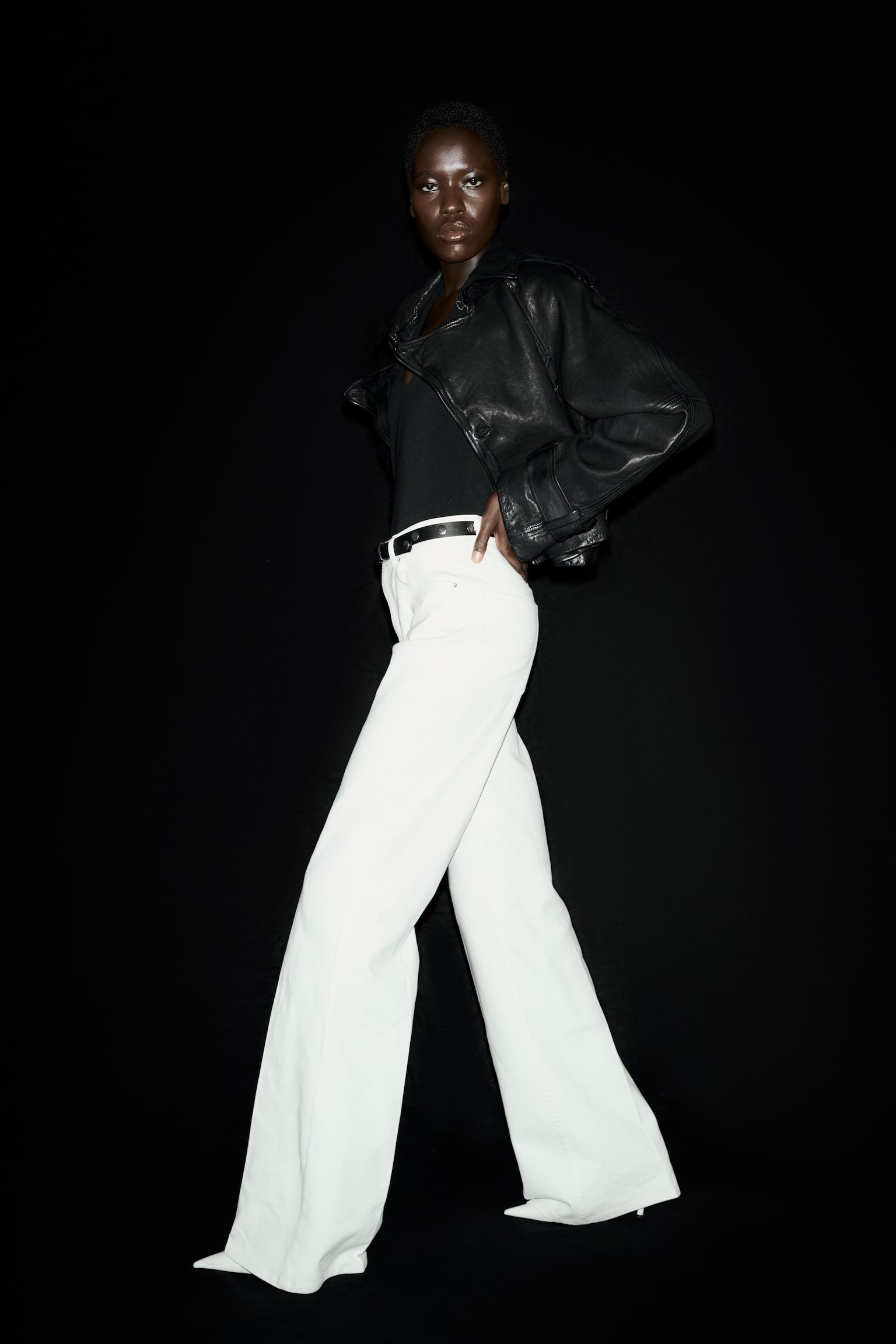 Belted Bootcut Pants - White - 1