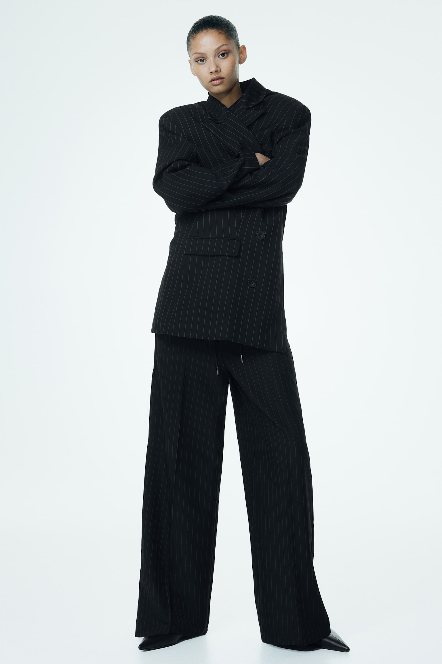 Wide pull-on trousers - Black/Pinstriped/Beige/Black/Grey marl - 1